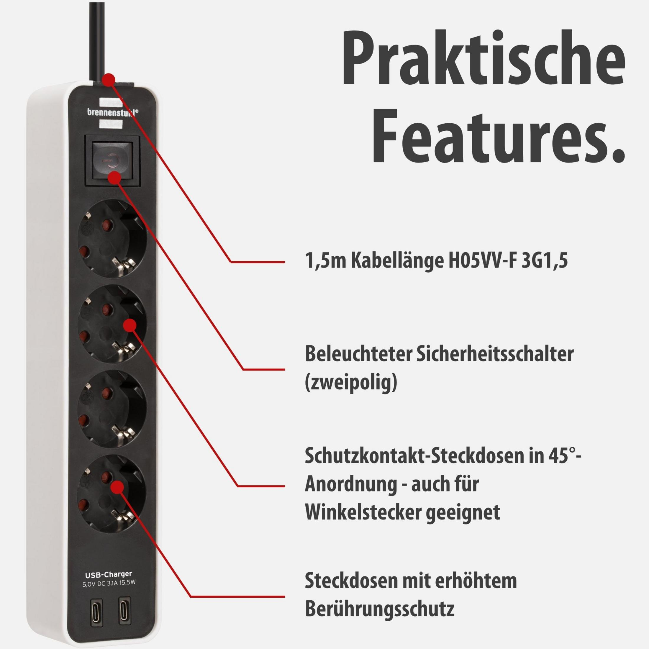 Black power strip with 4 outlets, USB ports, and a switch.