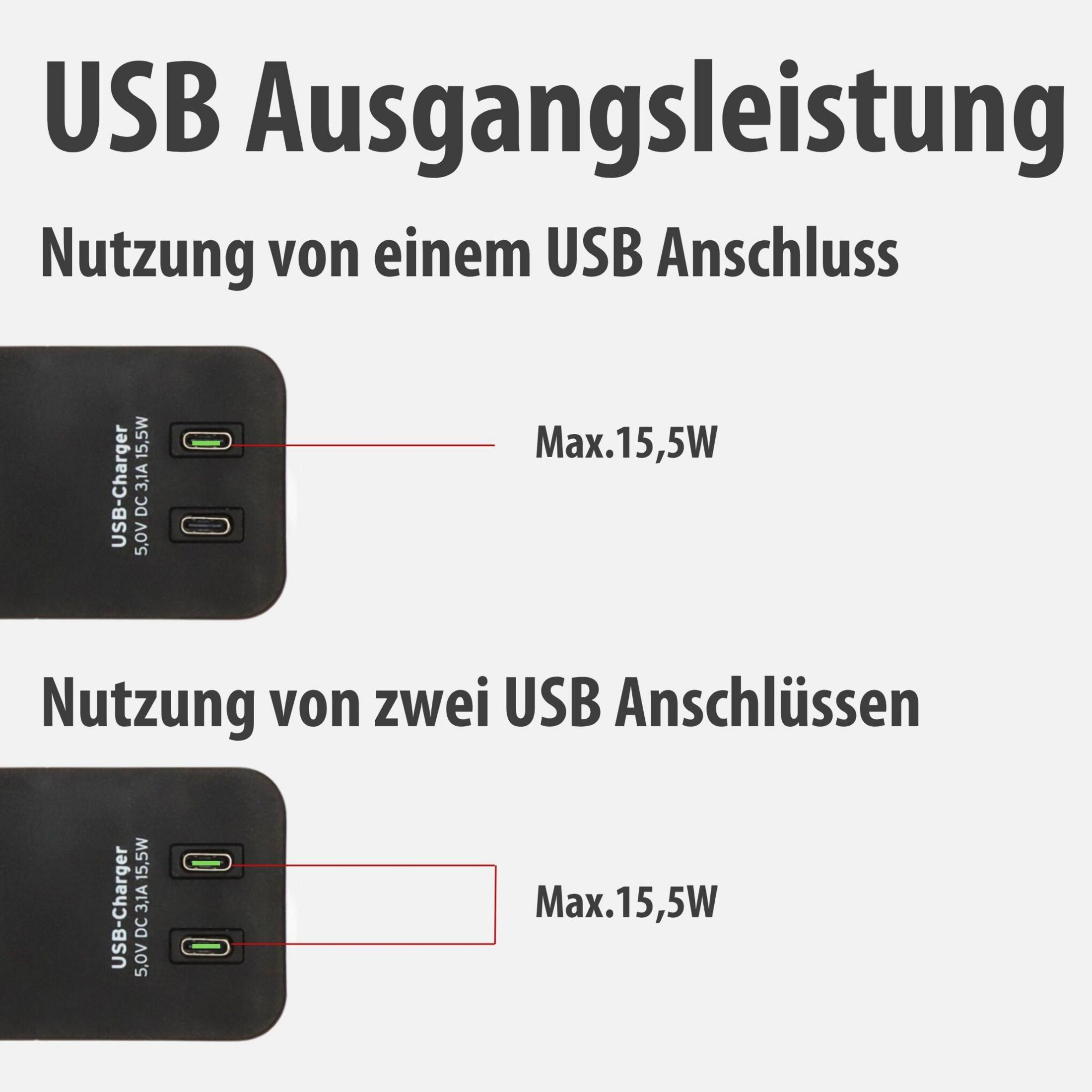 USB charger with one or two ports, both rated at 15.5W.