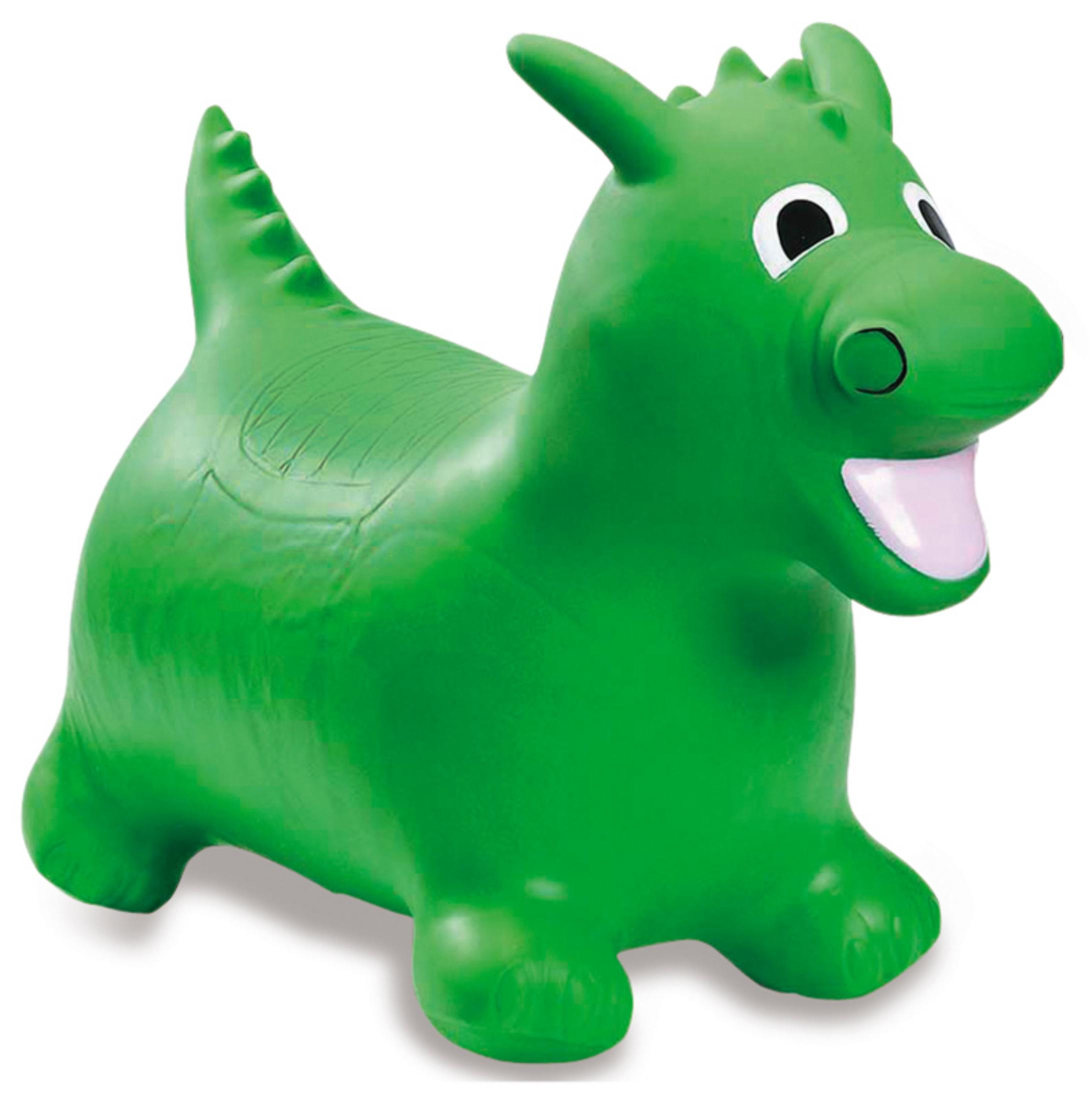 Ein aufblasbarer grüner Drache Spielzeug mit großen Augen und offenem Mund.