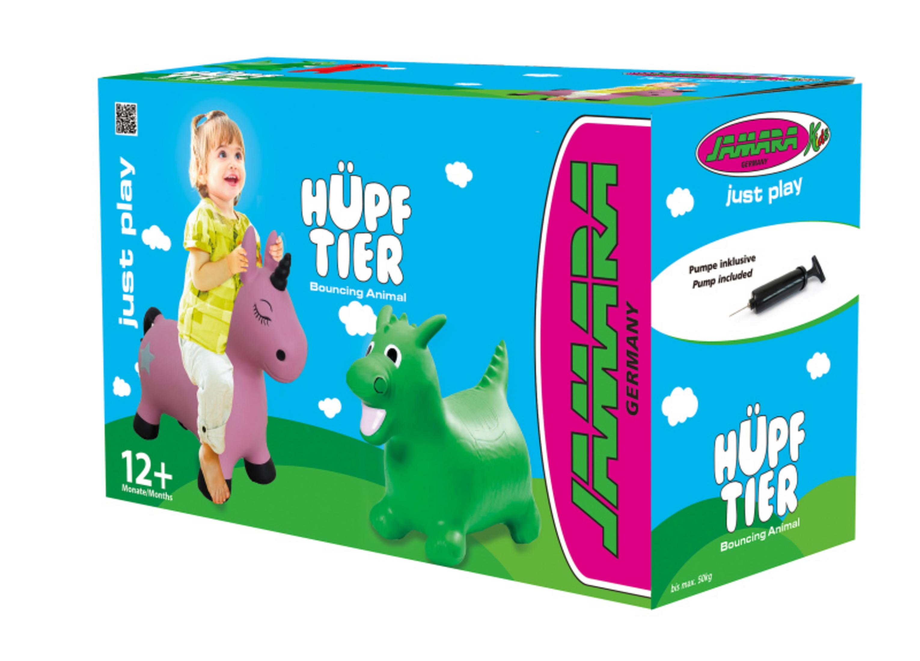Verpackung zeigt ein Kind auf einem violetten Hüpftier und ein grünes Hüpftier.