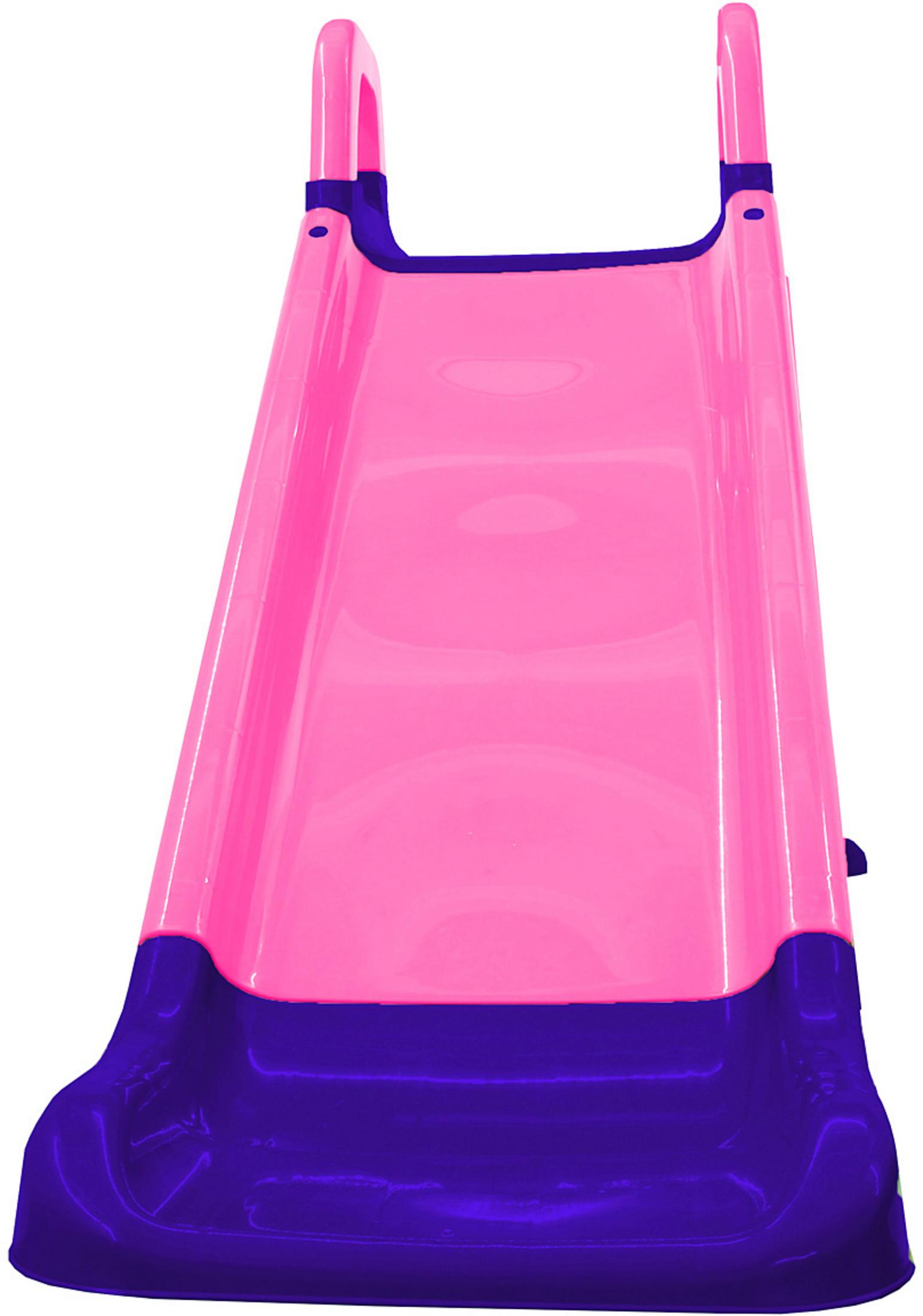 Uno scivolo rosa e viola con mancorrenti.
