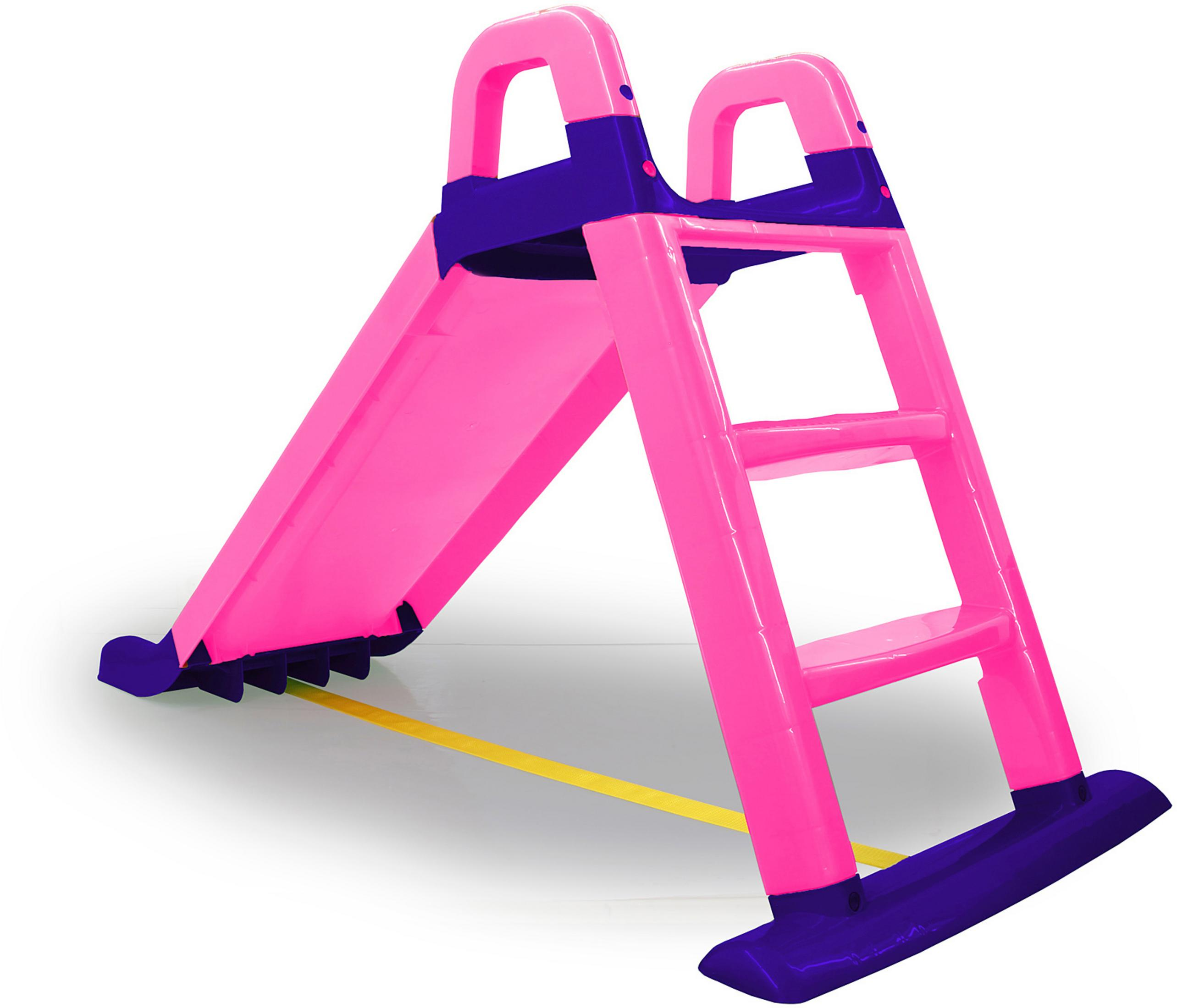 Uno scivolo per bambini in plastica rosa e viola con gradini.