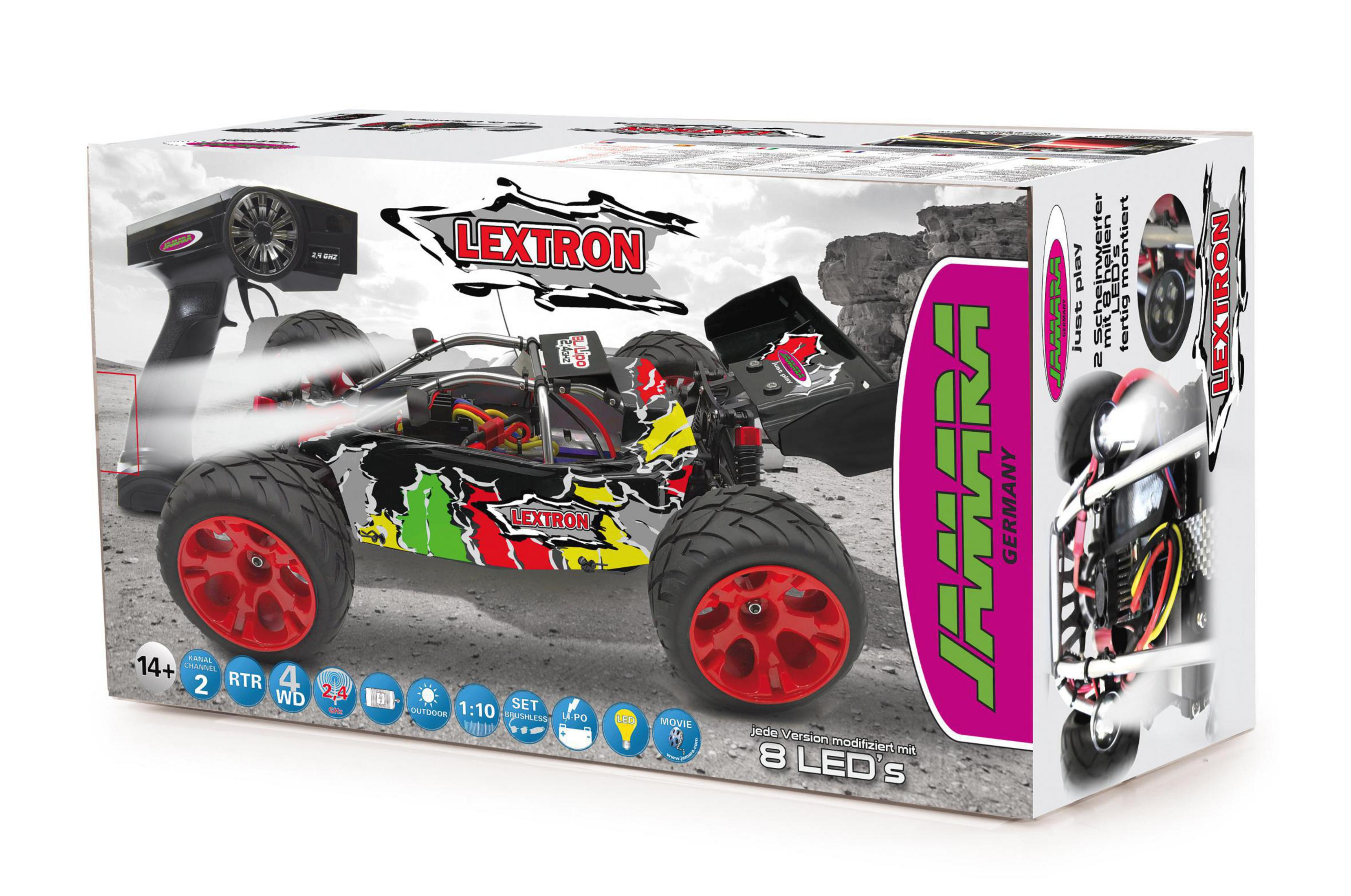 Verpackung eines RC-Autos mit Fernbedienung, Reifen und Logo.