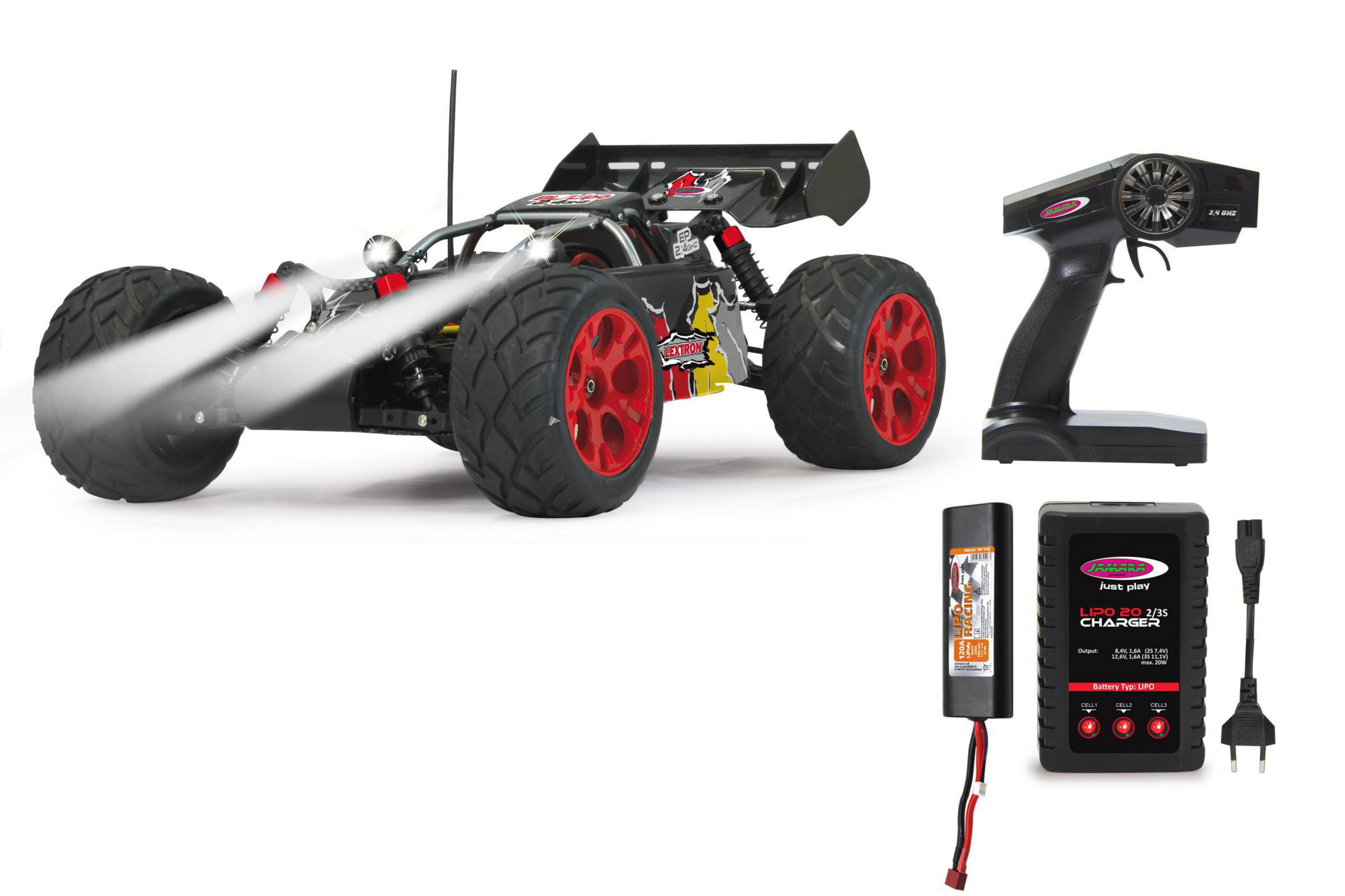 Ein schwarzes RC-Auto mit roten Felgen, Fernbedienung, Akku und Ladegerät.