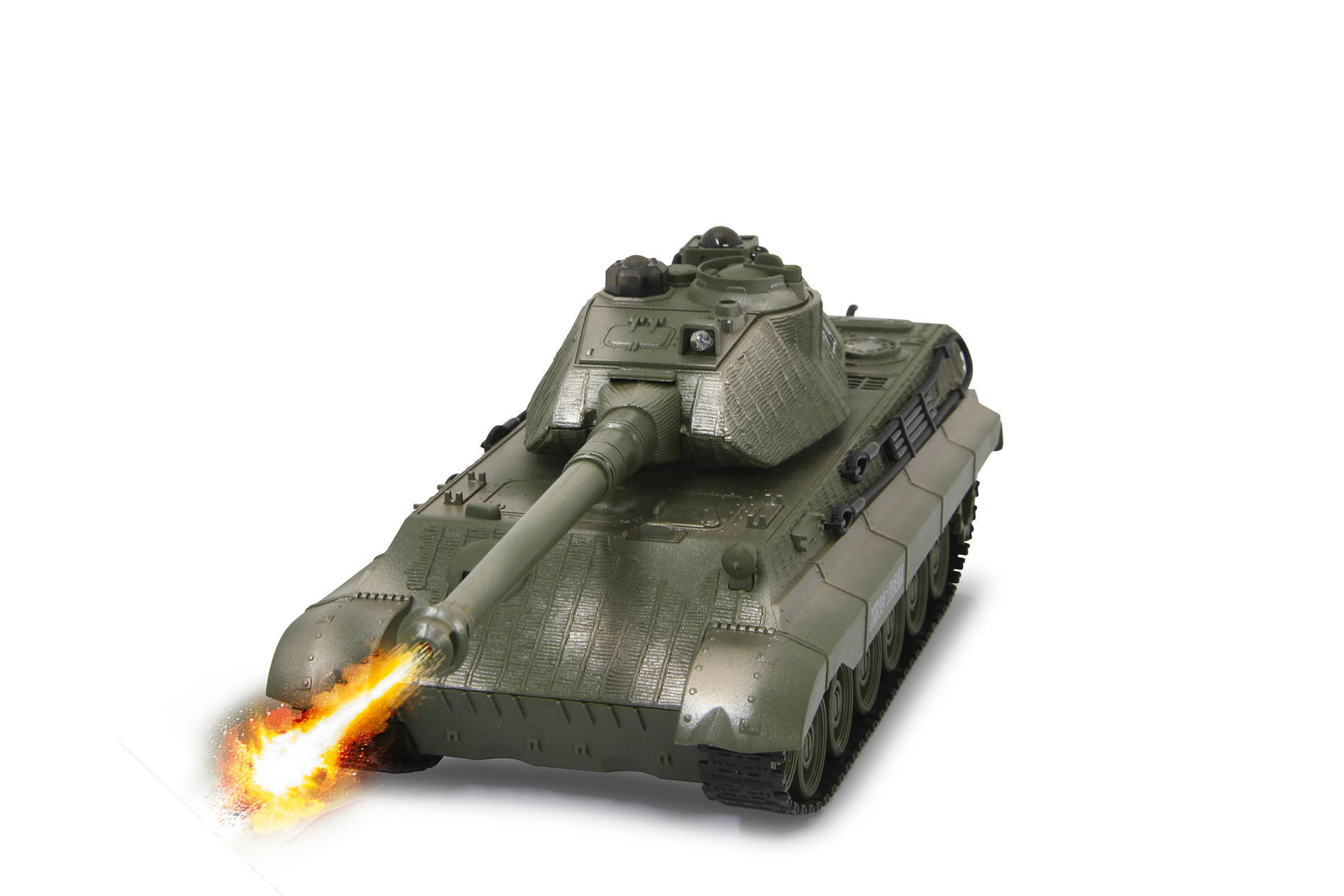 Ein grüner Spielzeugpanzer schießt Flammen aus dem Lauf auf weißem Grund.