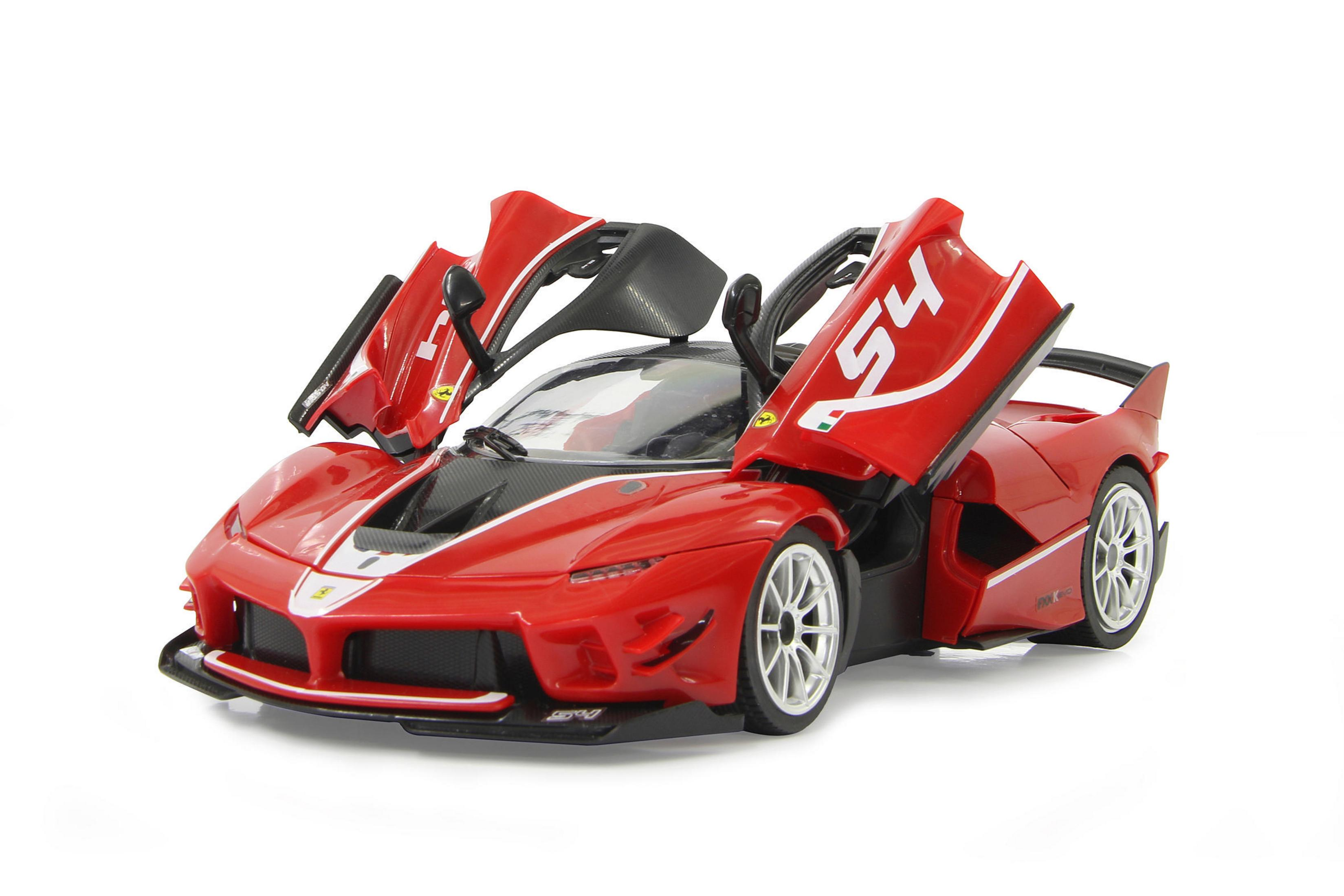 Ein rotes Spielzeugauto mit geöffneten Flügeltüren auf weißem Hintergrund.