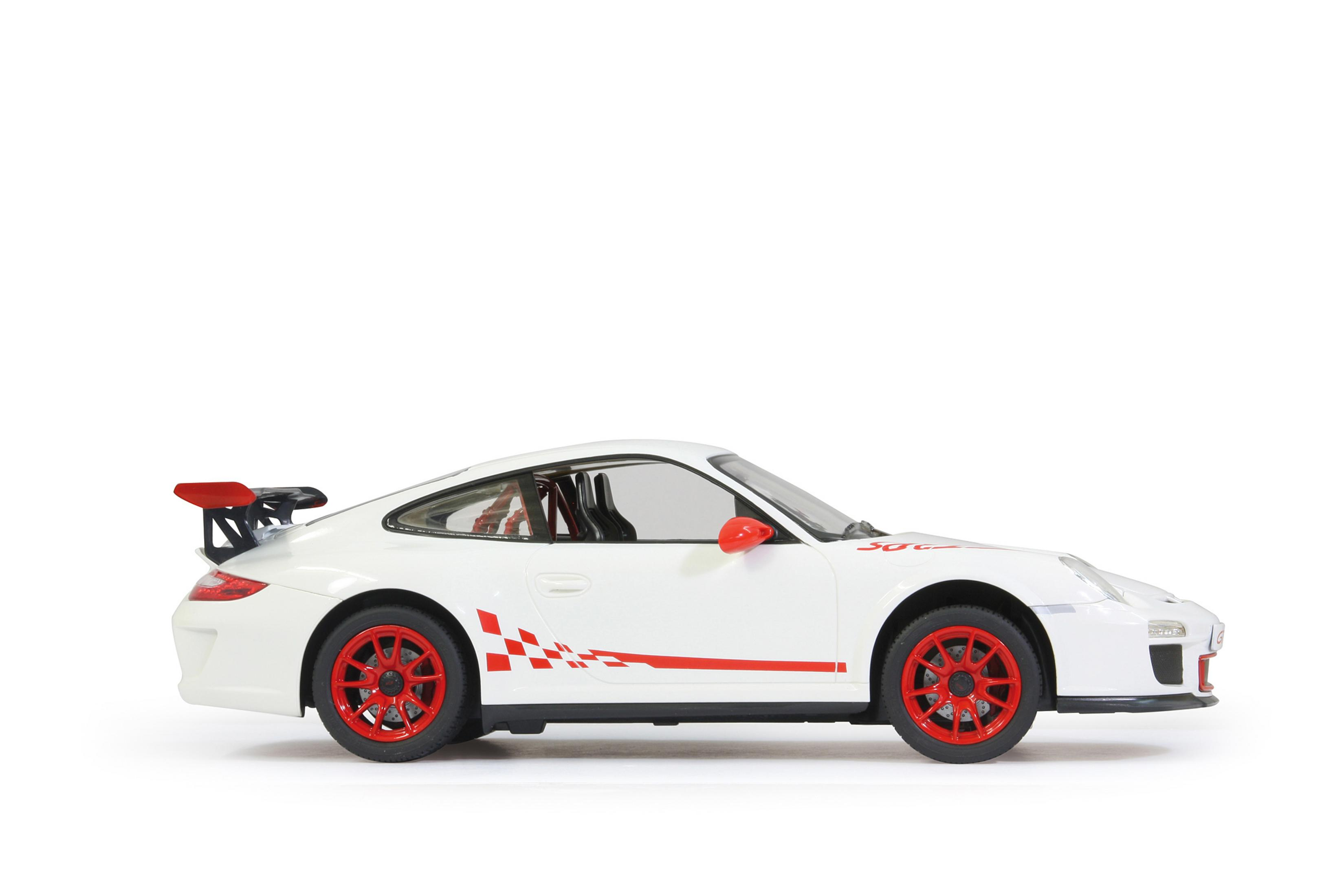 Weißer Spielzeug-Porsche mit roten Akzenten, Spoiler und kariertem Dekor.
