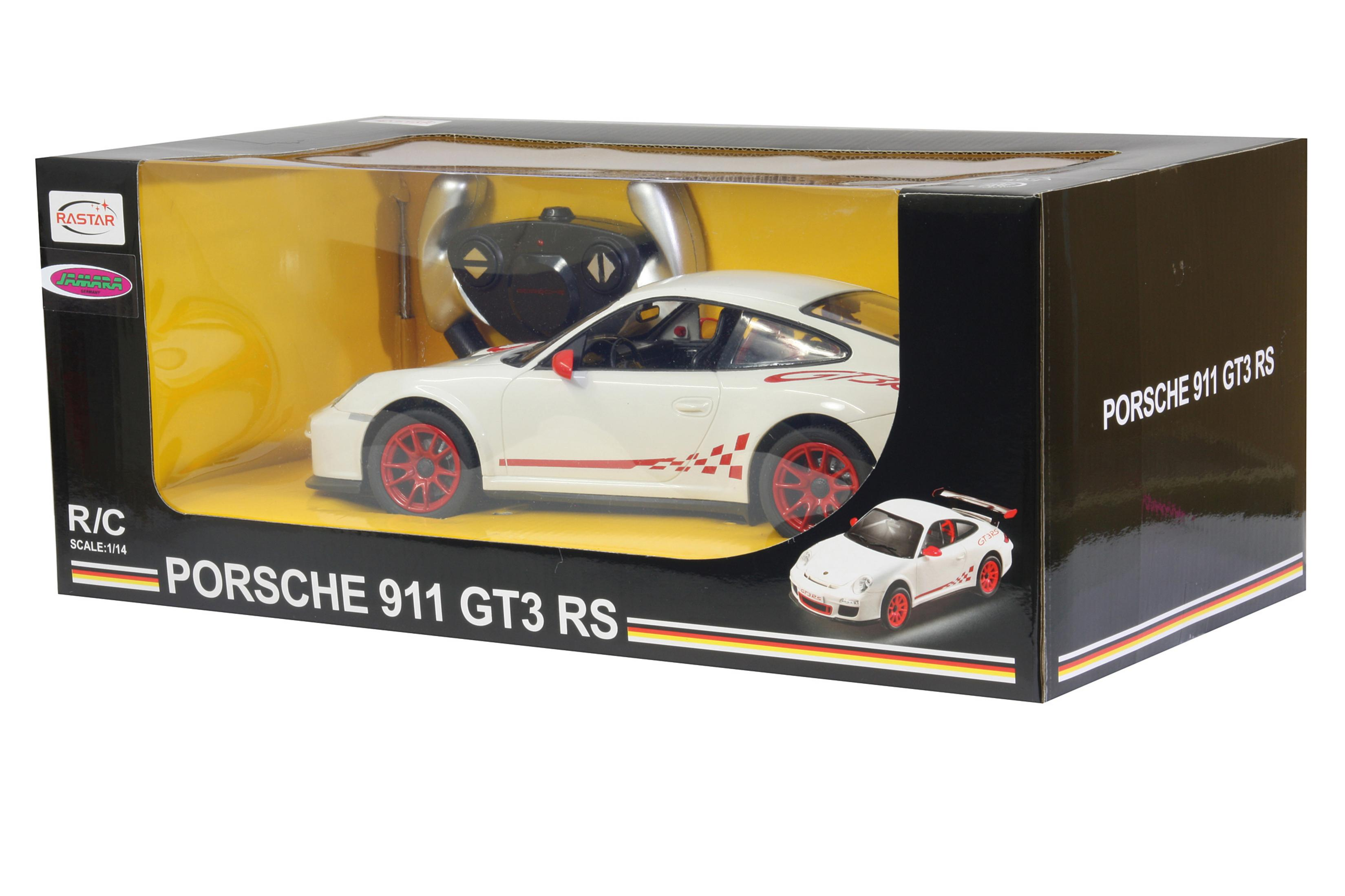Verpackte weiße ferngesteuerte Porsche 911 GT3 RS mit roten Felgen.