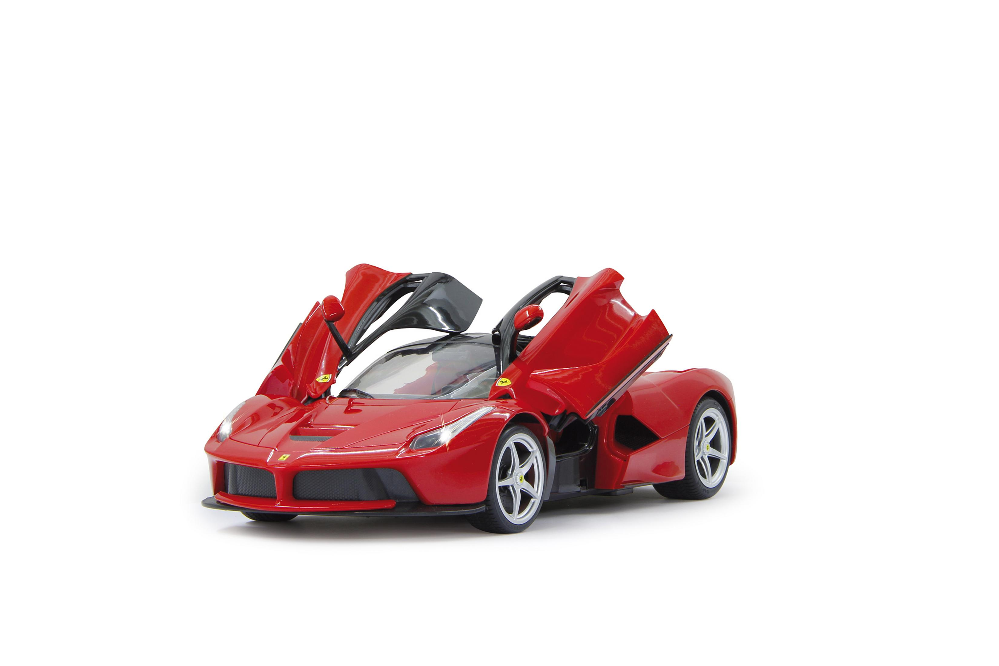 A red toy car with its doors open, displayed on a white background.