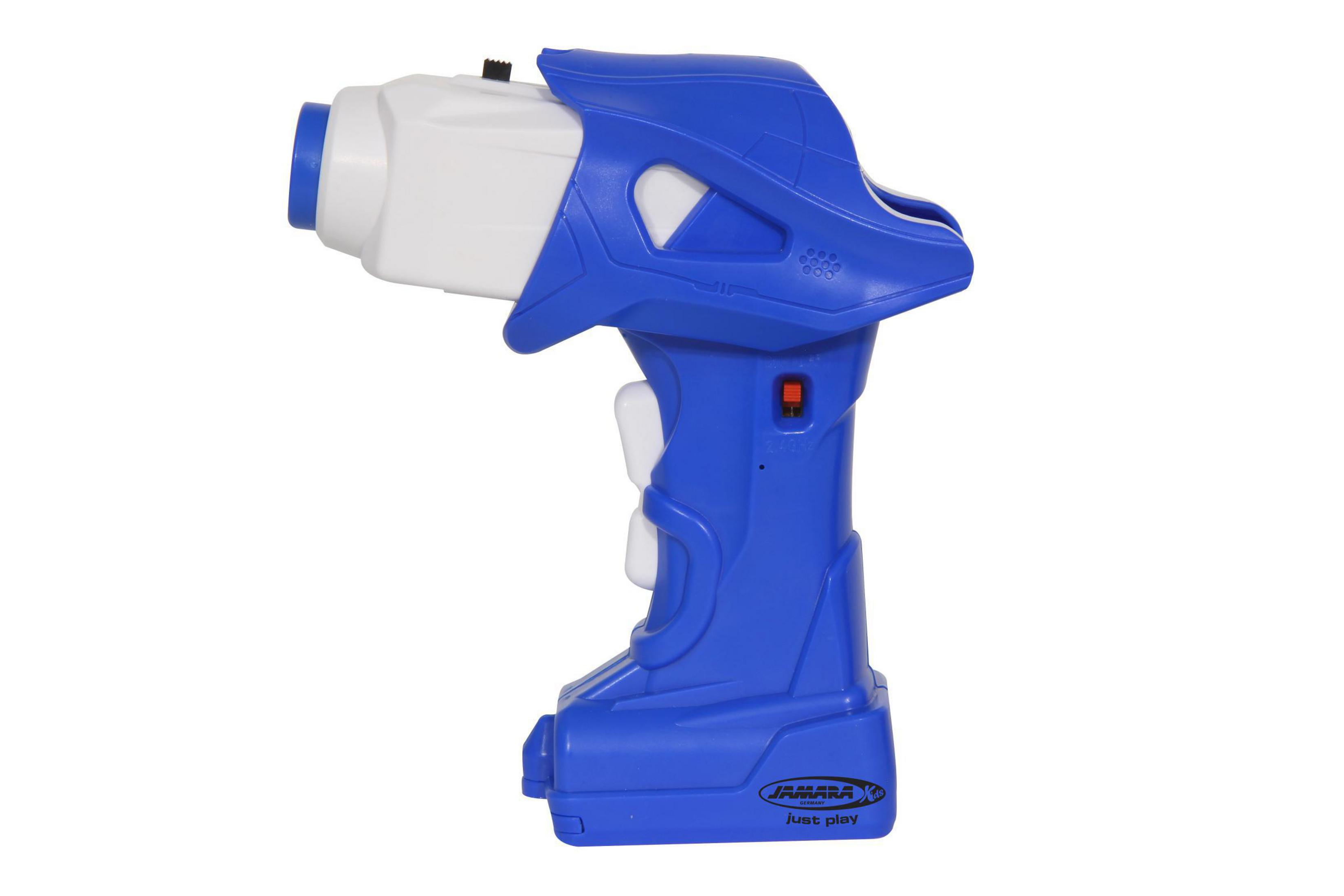 Ein blau-weißer ferngesteuerter Controller mit Griff und Auslöser.