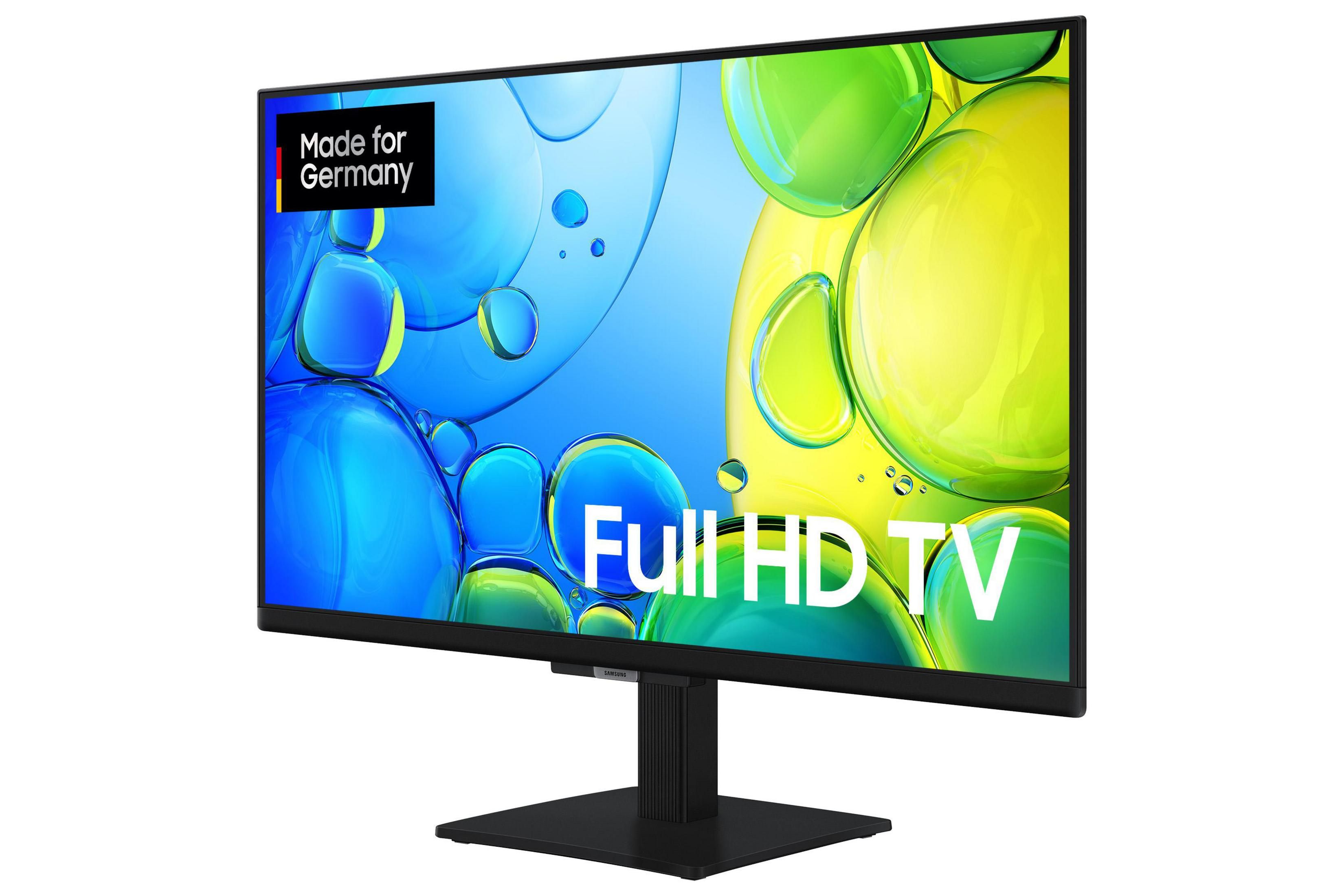 Ein schwarzer Monitor mit einem bunten Hintergrund und der Aufschrift "Full HD TV".