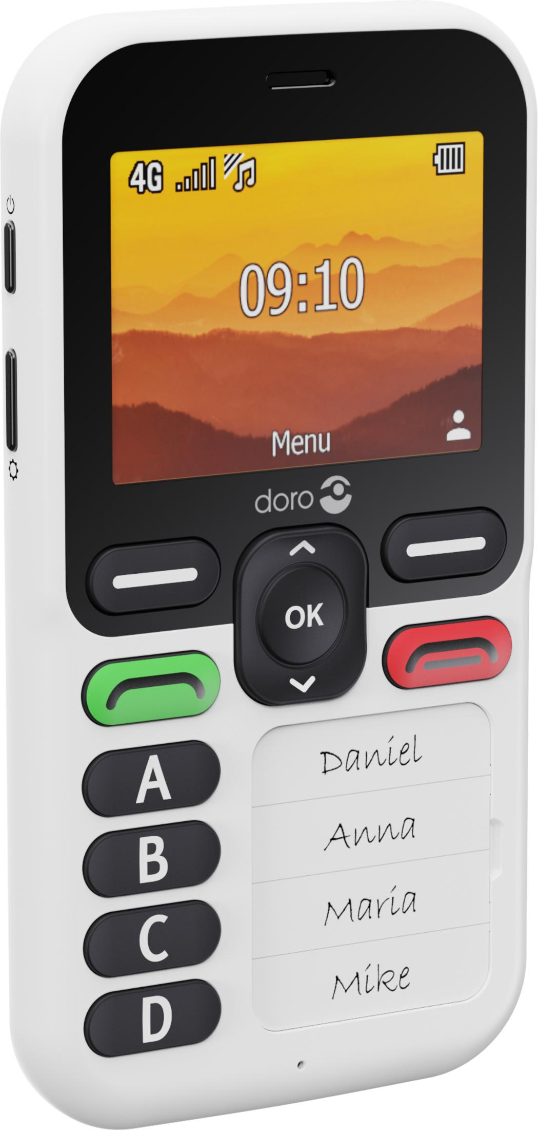 Een witte Doro telefoon toont 4G, tijd 09:10, Menu en een lijst met namen.