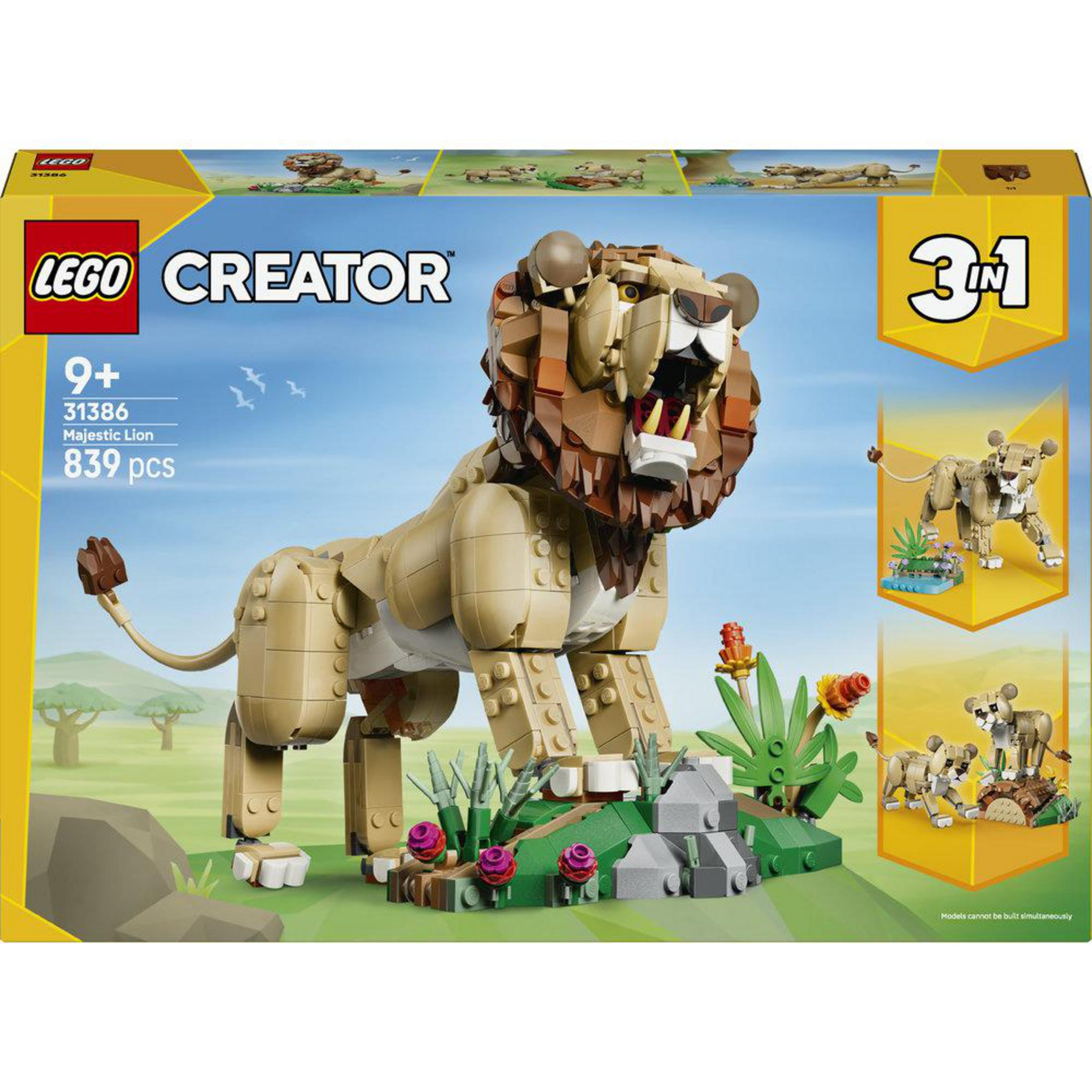 Caja de LEGO Creator con un león majestuoso, 839 piezas.