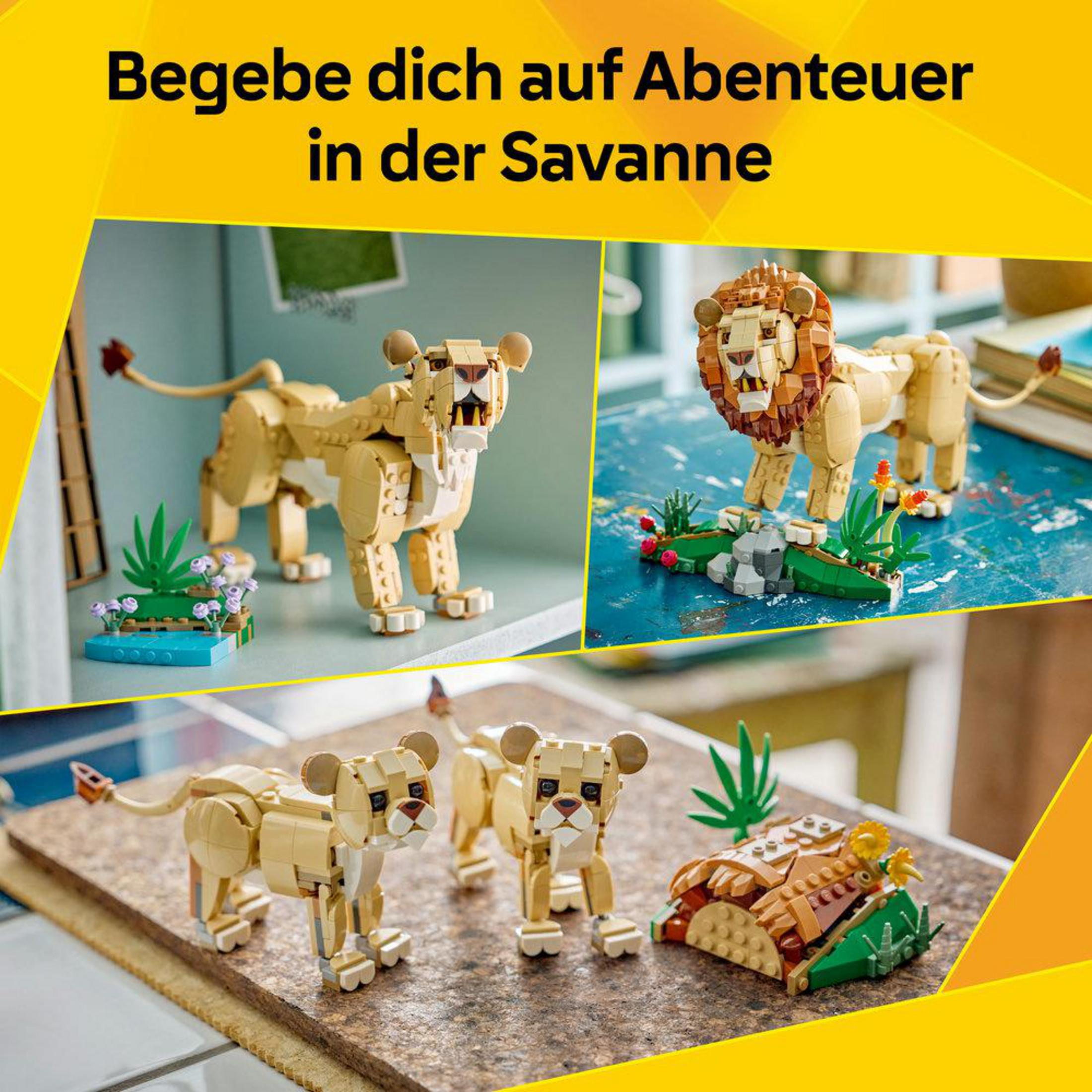 Familia de leones de Lego con entorno en una mesa.