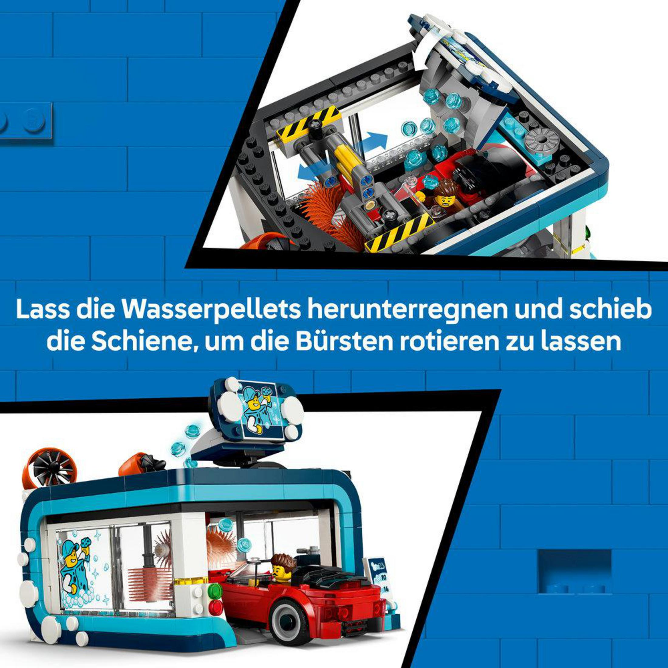 Un coche Lego con un hombre pasa por un túnel de lavado.