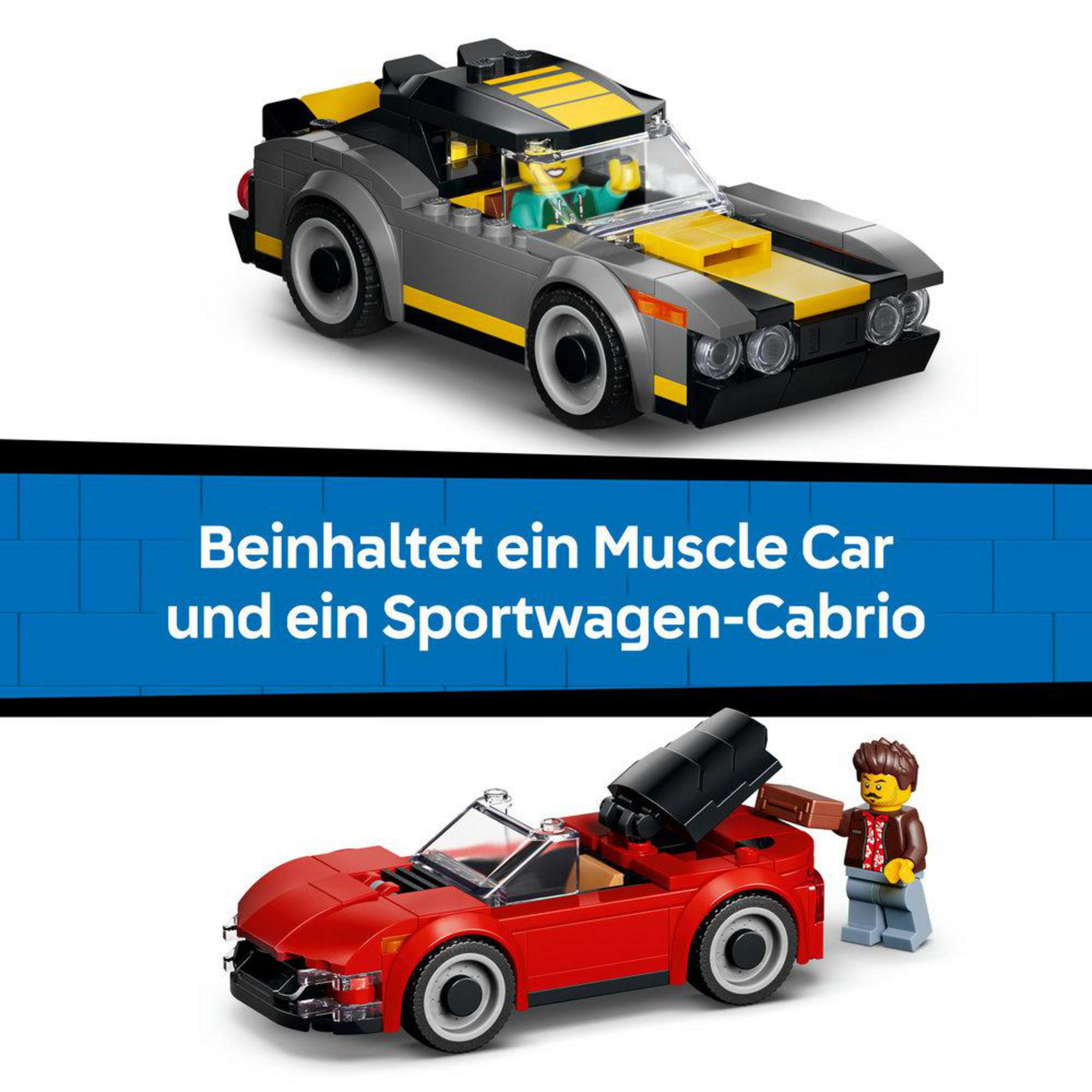 Dos coches Lego: un muscle car gris y un descapotable rojo, con figuras.