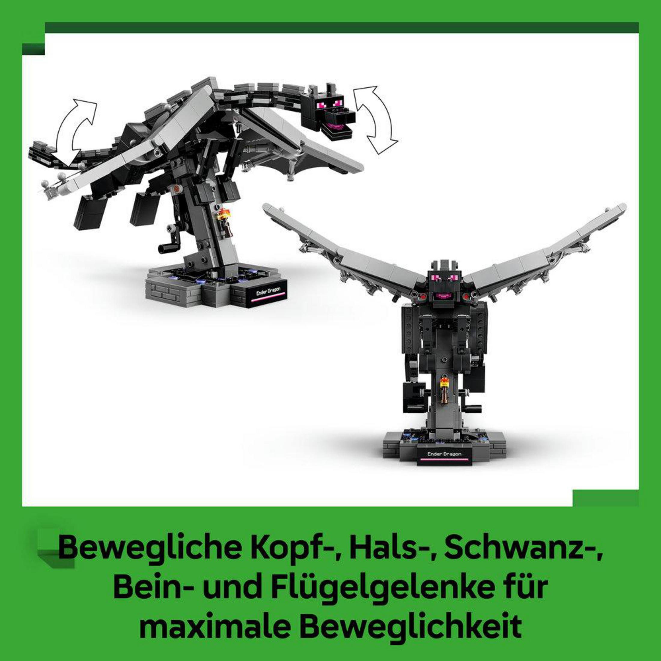 Due modelli Lego del Ender Dragon con giunti mobili su basi.