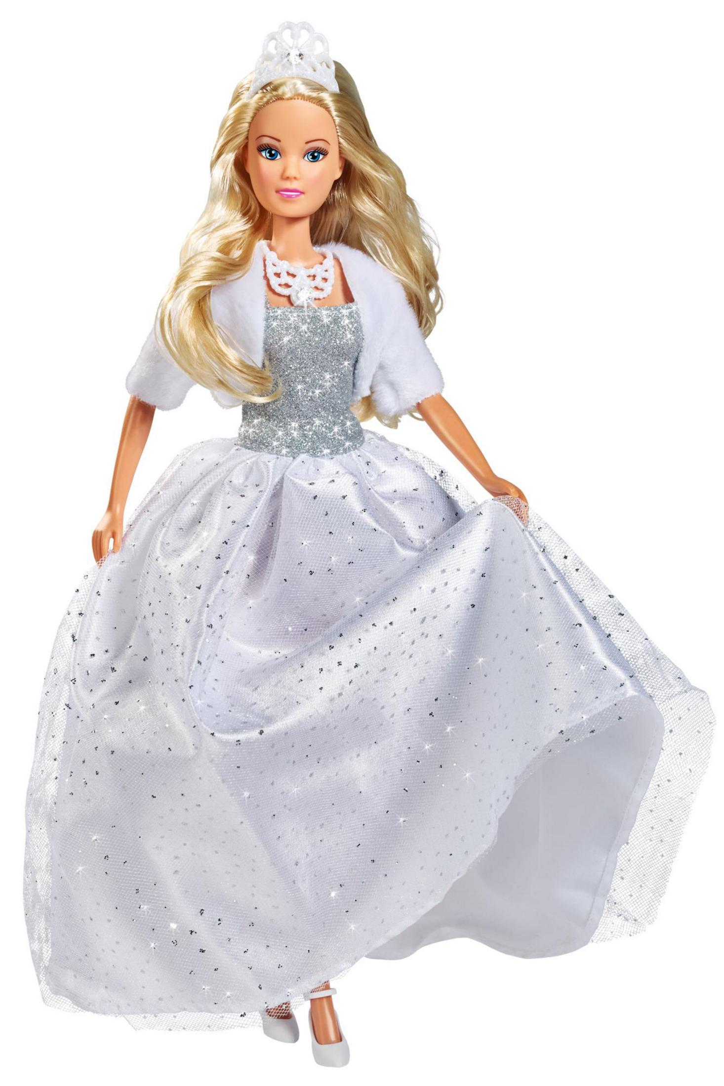 Eine blonde Puppe in einem glitzernden weißen Kleid und einem Diadem.