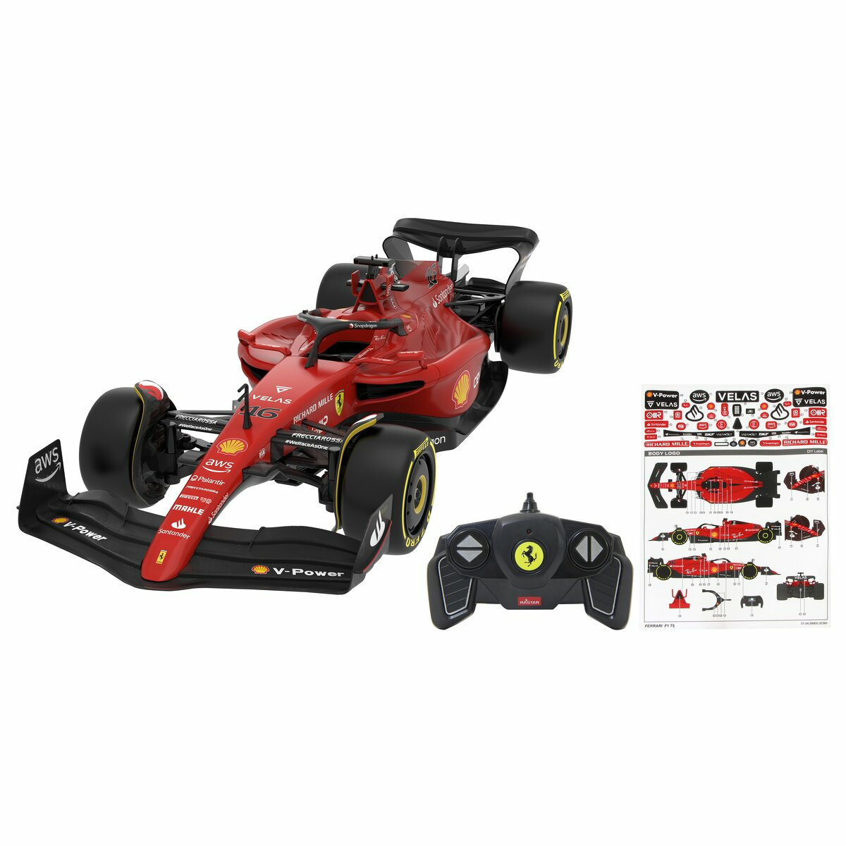 Ein rotes Formel-1-Spielzeugauto mit Aufklebern und Fernbedienung.