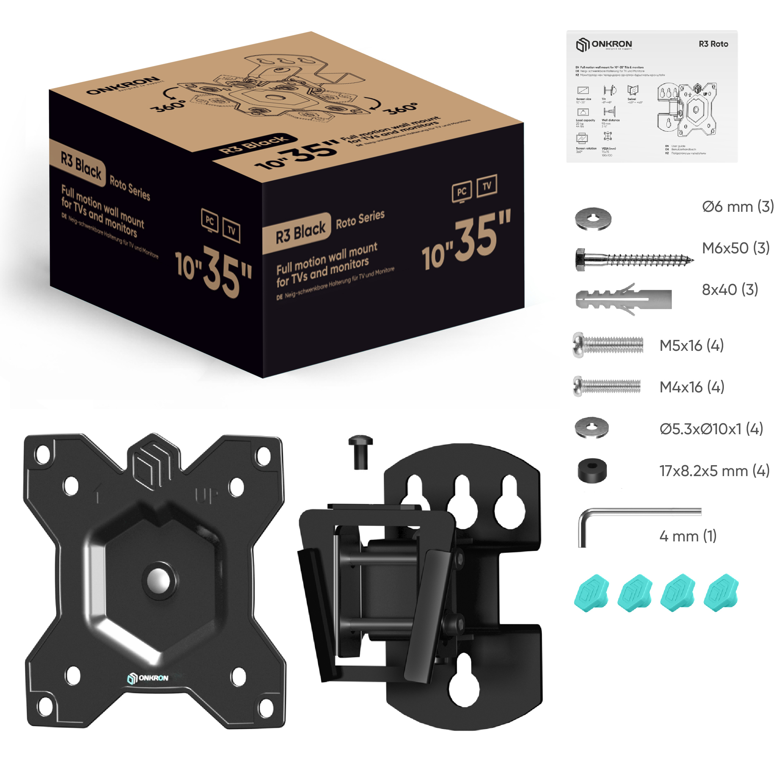 Un supporto da parete TV nero con accessori, viti e istruzioni incluse.