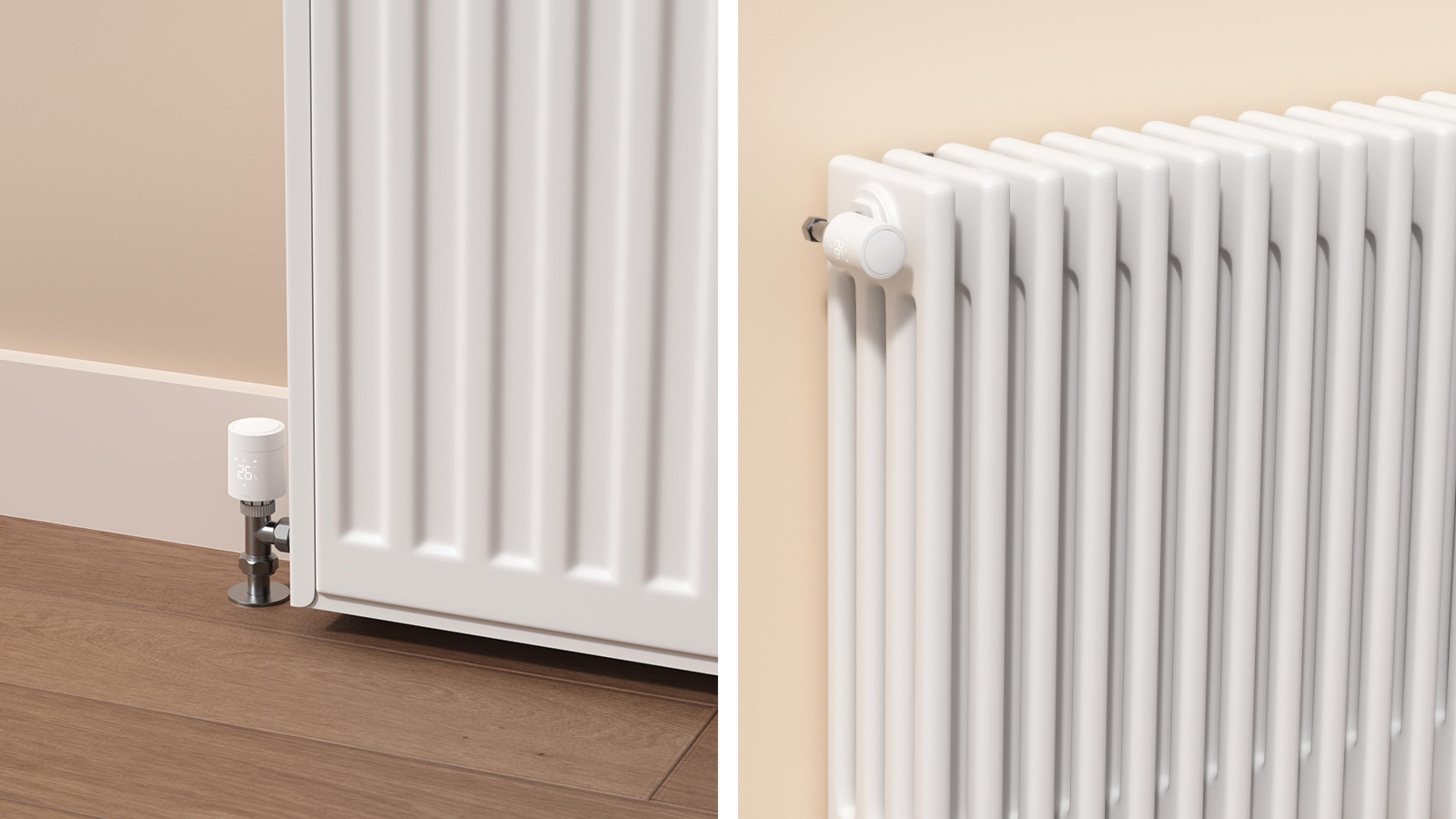 Weiße Heizkörper mit digitalem Thermostat und Holzfußboden.