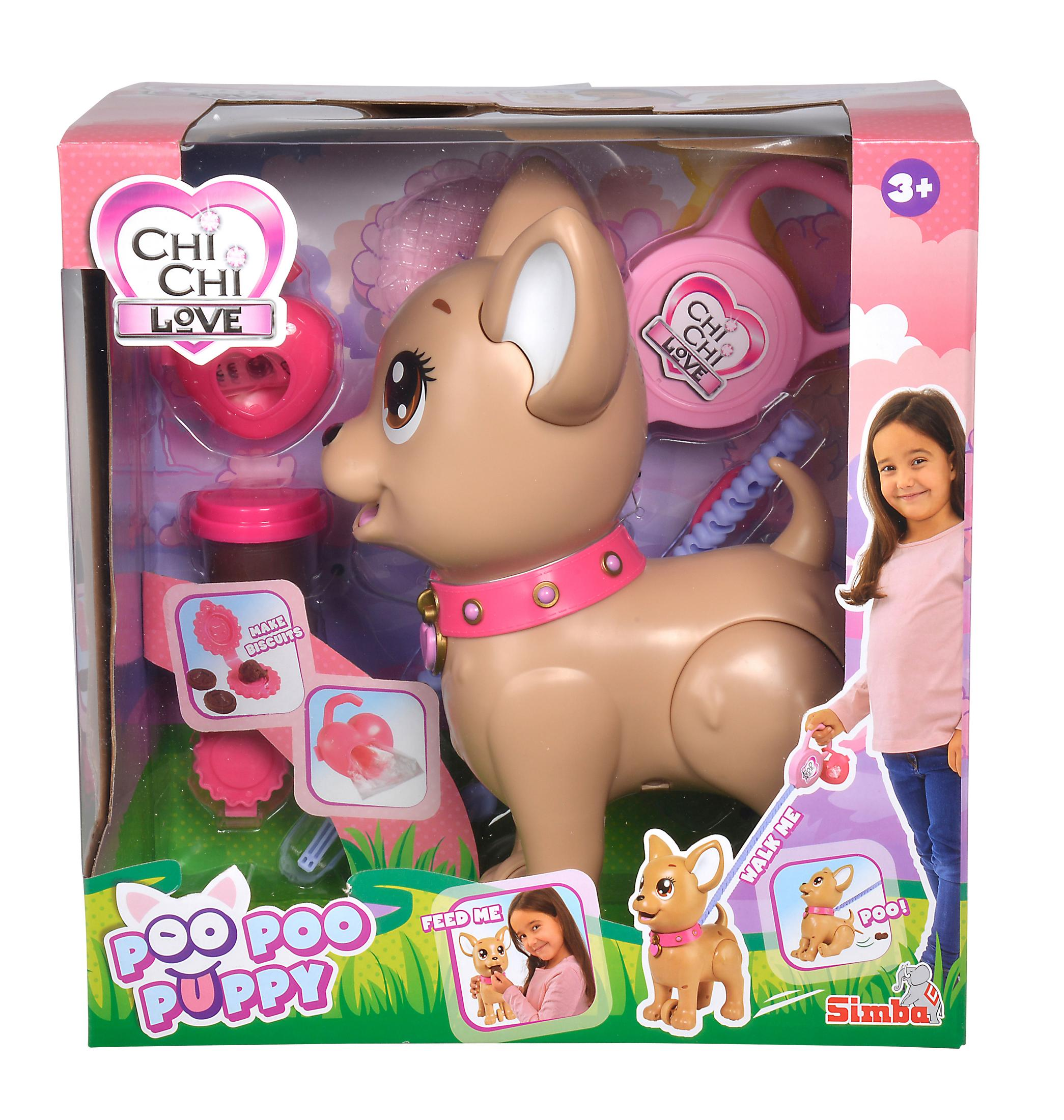 Ein Chi Chi Love Spielzeug-Hund im Karton mit Zubehör und einem Mädchen.