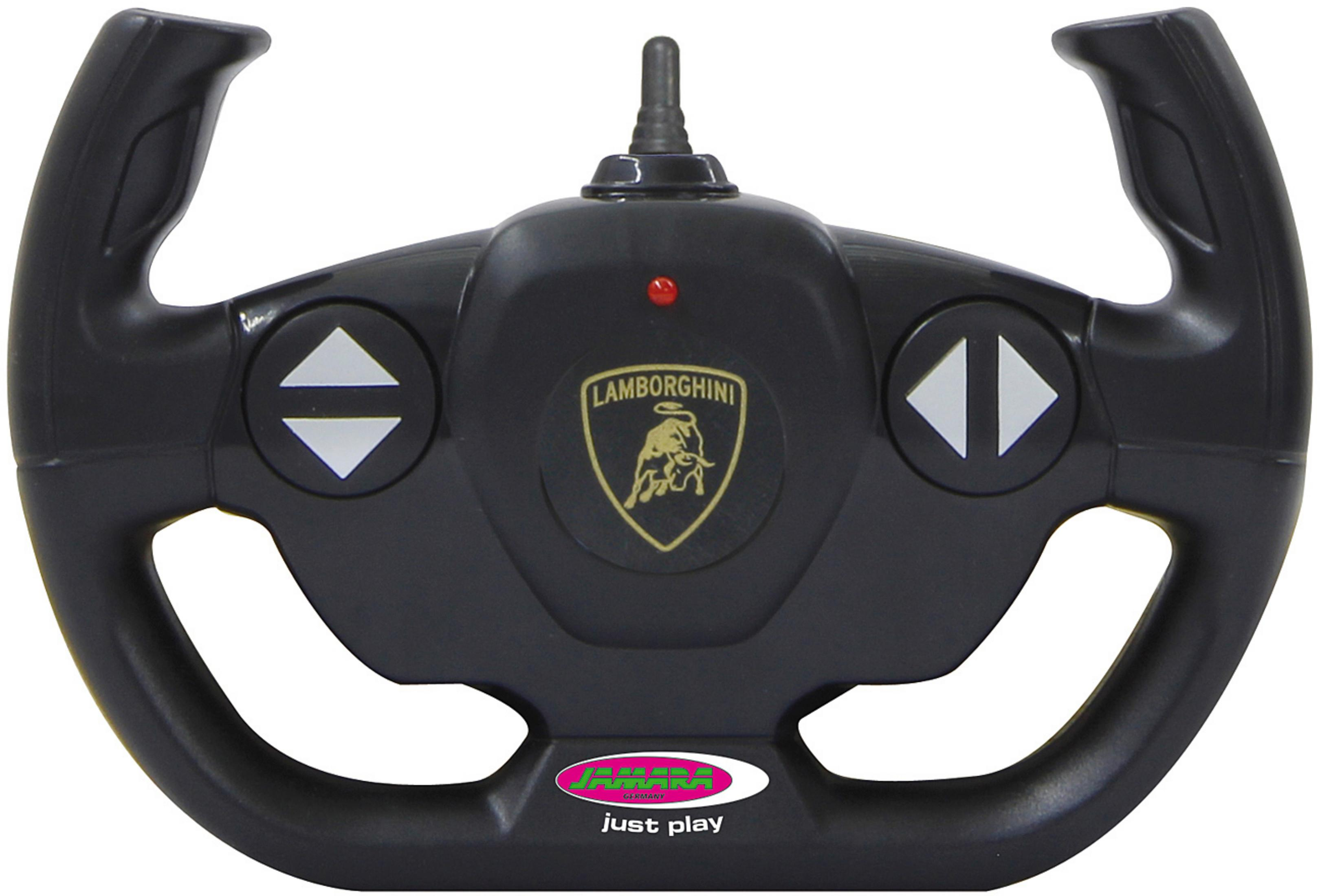 Schwarzes Lamborghinilenkrad-RC-Controller mit Pfeiltasten und rotem Lämpchen.