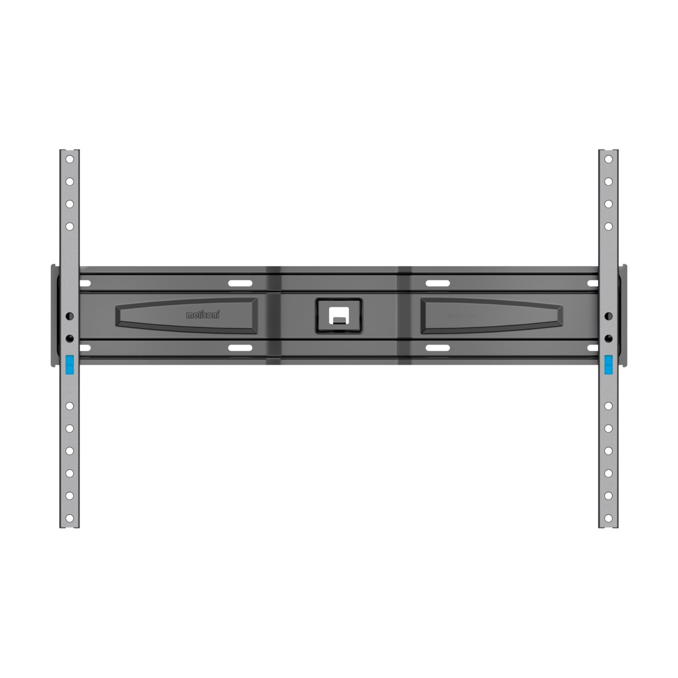 Soporte de pared para TV gris con brazos ajustables y agujeros de montaje.