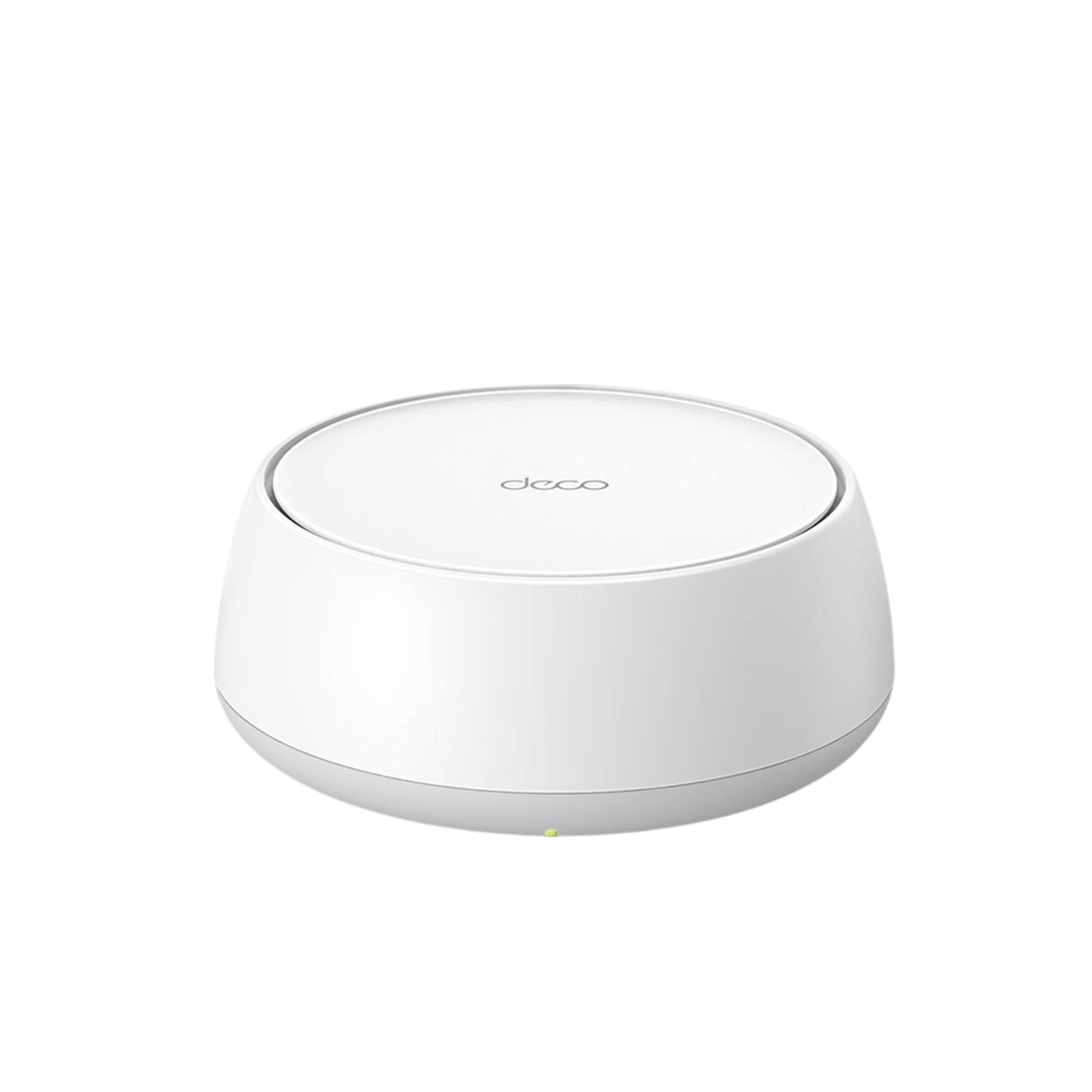 Un router Deco bianco e rotondo con una luce verde in basso.