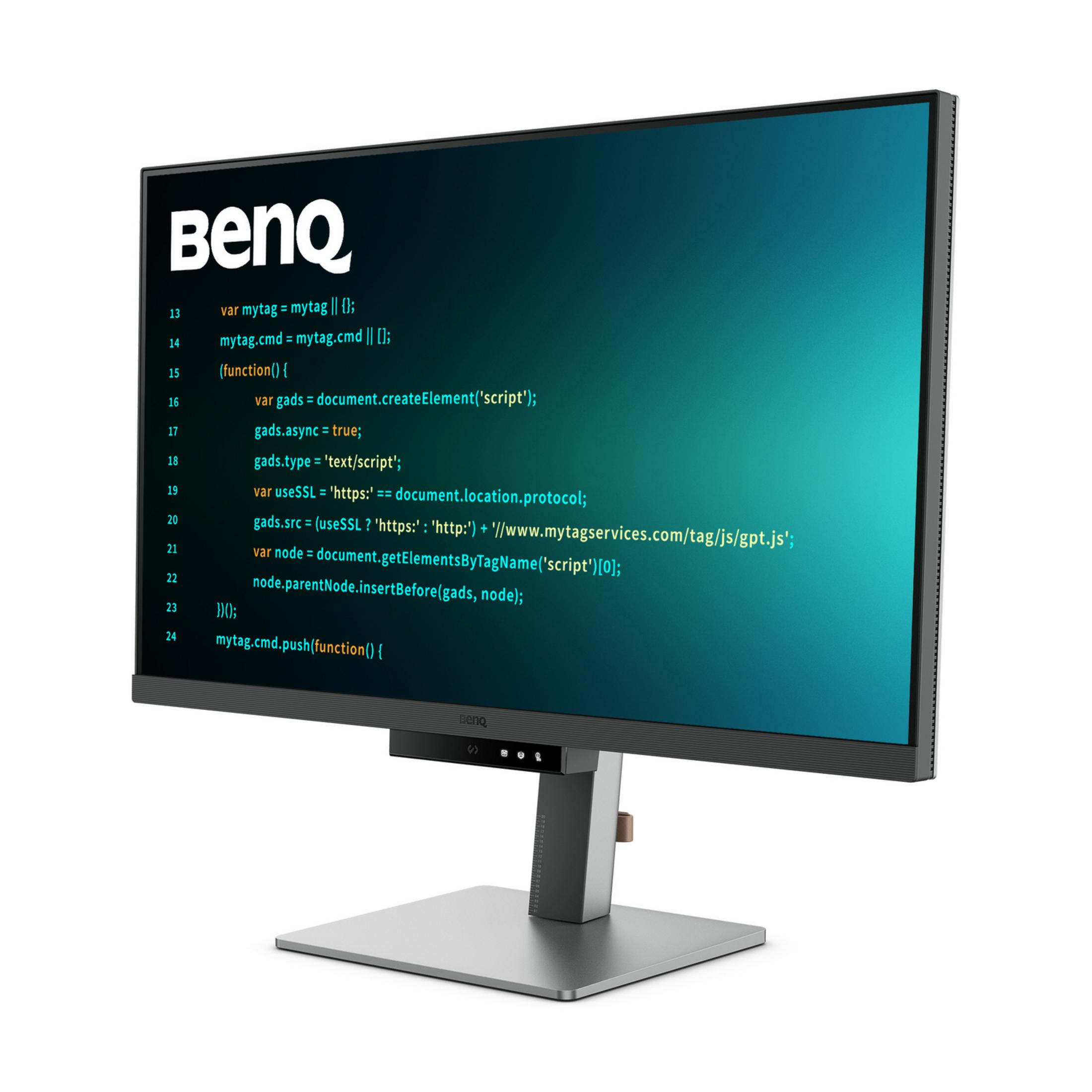 Un monitor BenQ muestra código sobre un fondo azul verdoso oscuro. El logo de BenQ está a la izquierda.