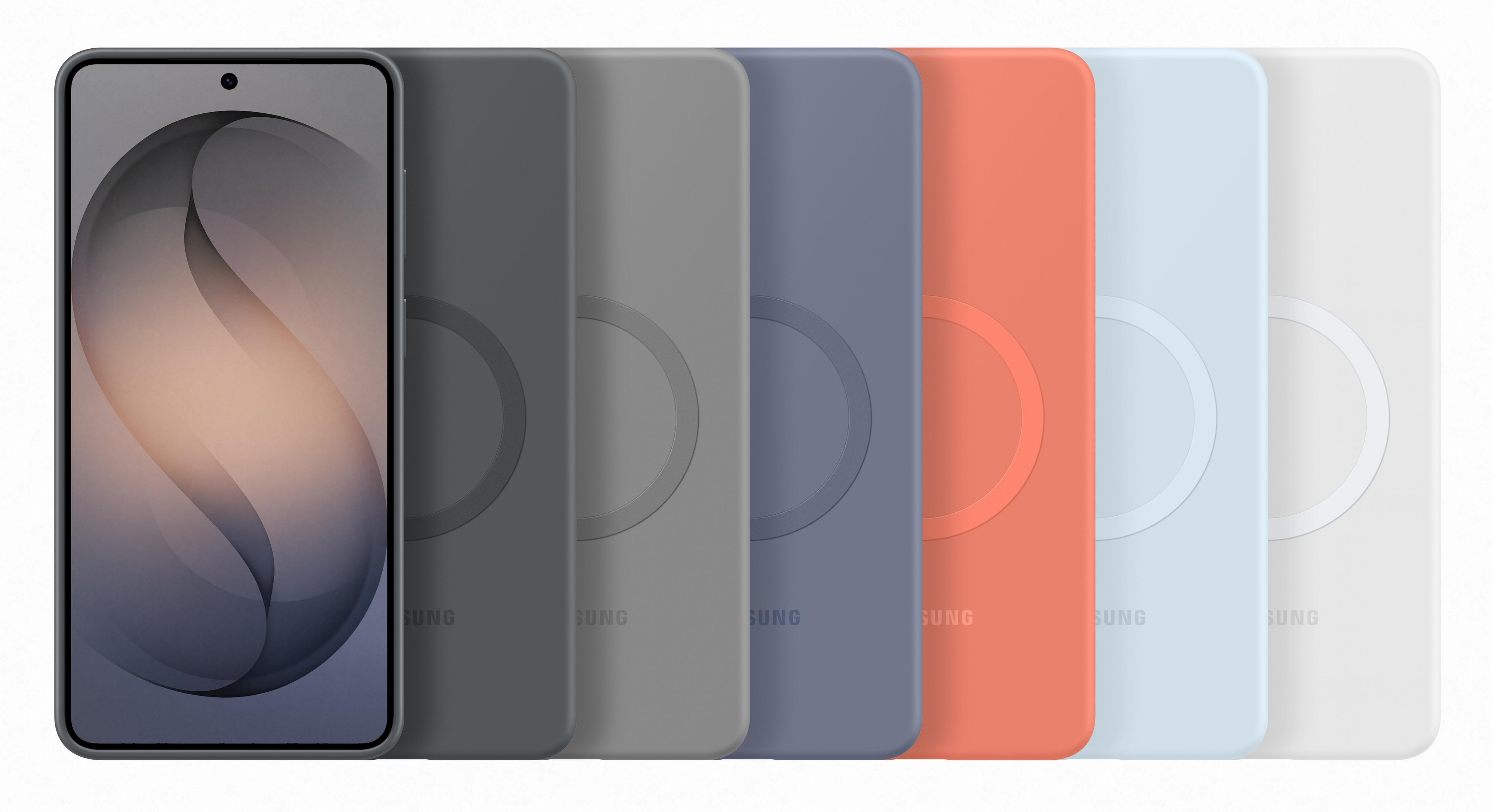 Ein Smartphone mit einem grauen Hintergrund, daneben sechs Handyhüllen in verschiedenen Farben.