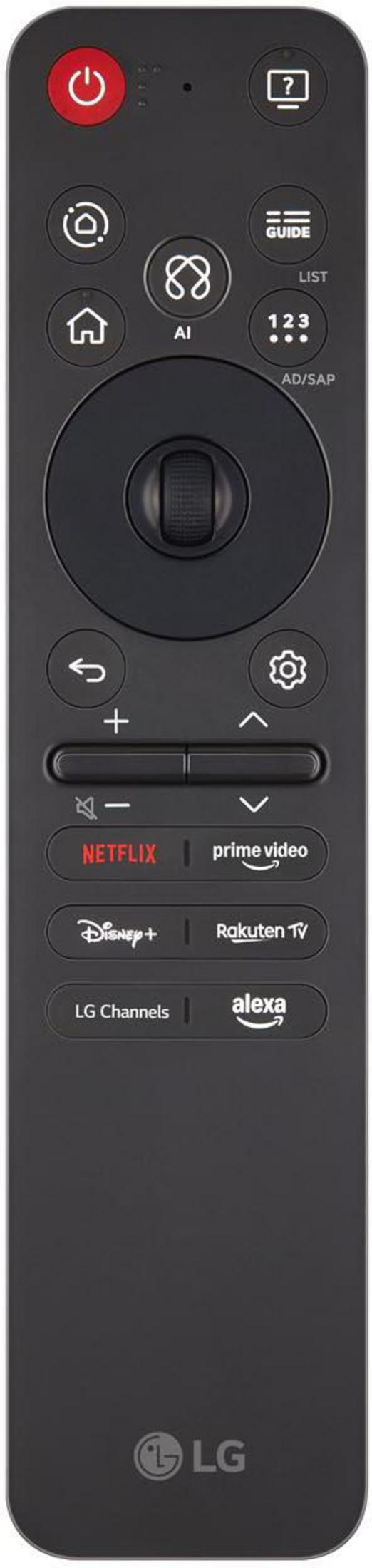 Schwarze LG Fernbedienung mit vielen Tasten, darunter Power, Home, Guide, Netflix.