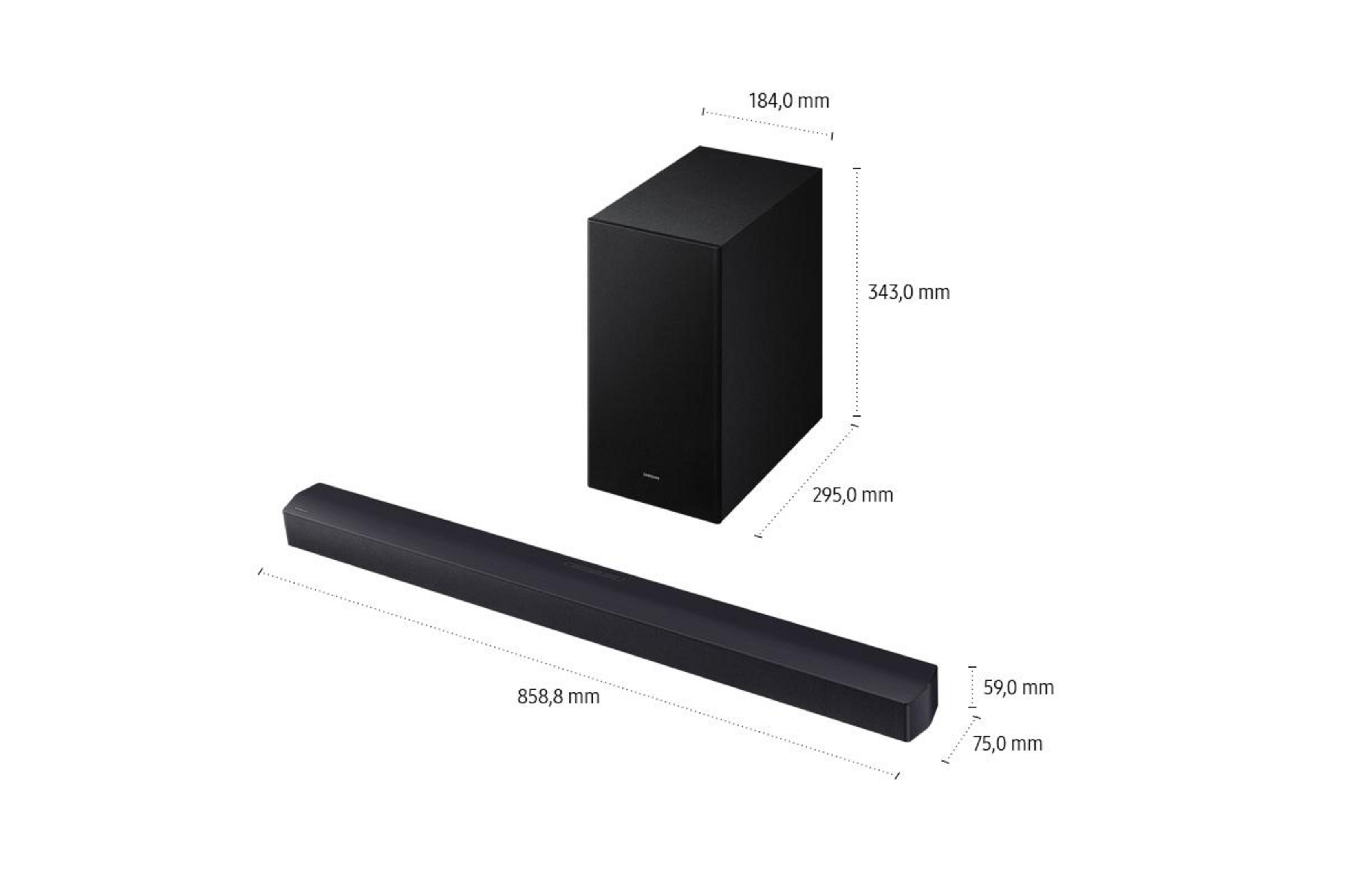 Schwarze Soundbar und Subwoofer mit Maßen in mm.