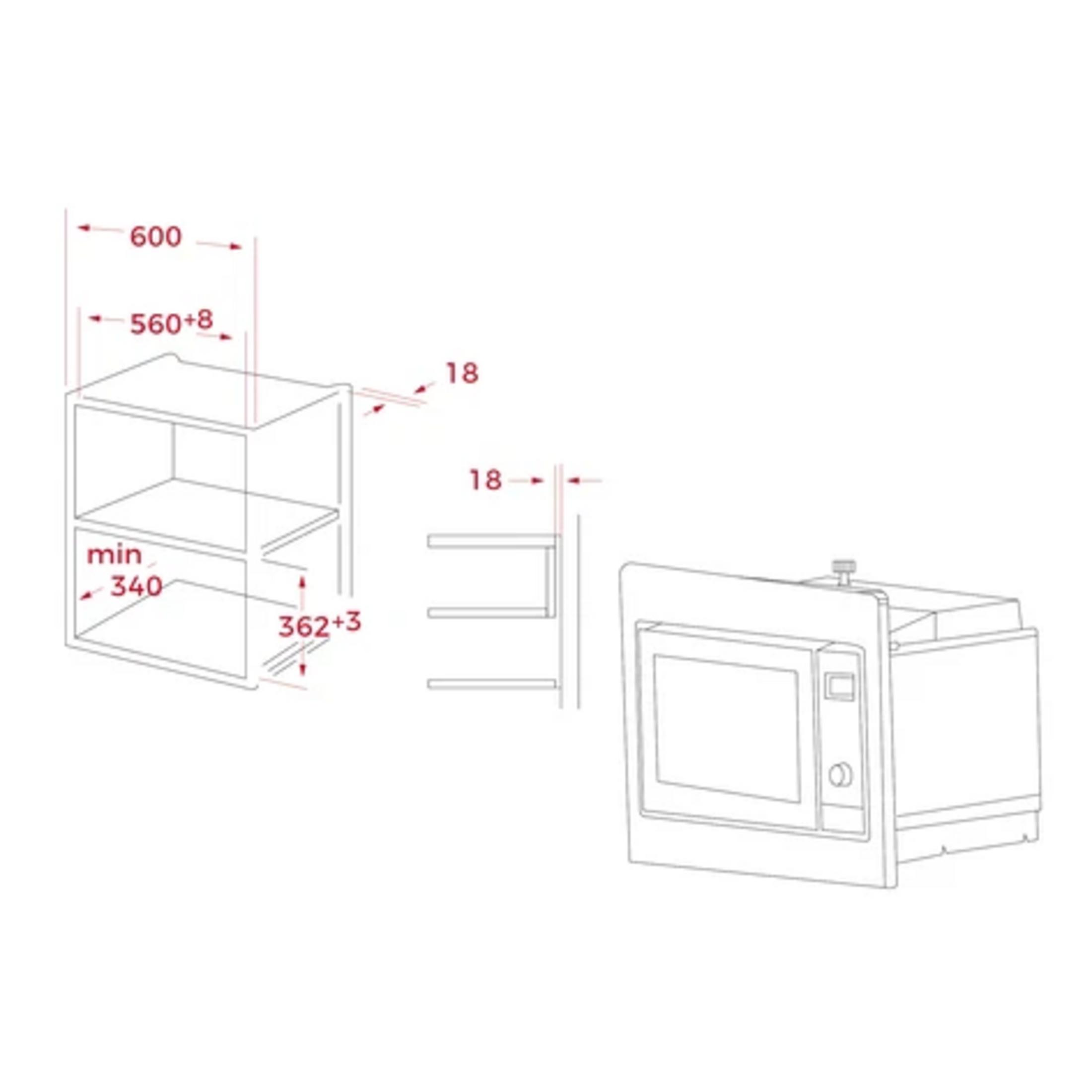 Disegno tecnico di un microonde da incasso con dimensioni.