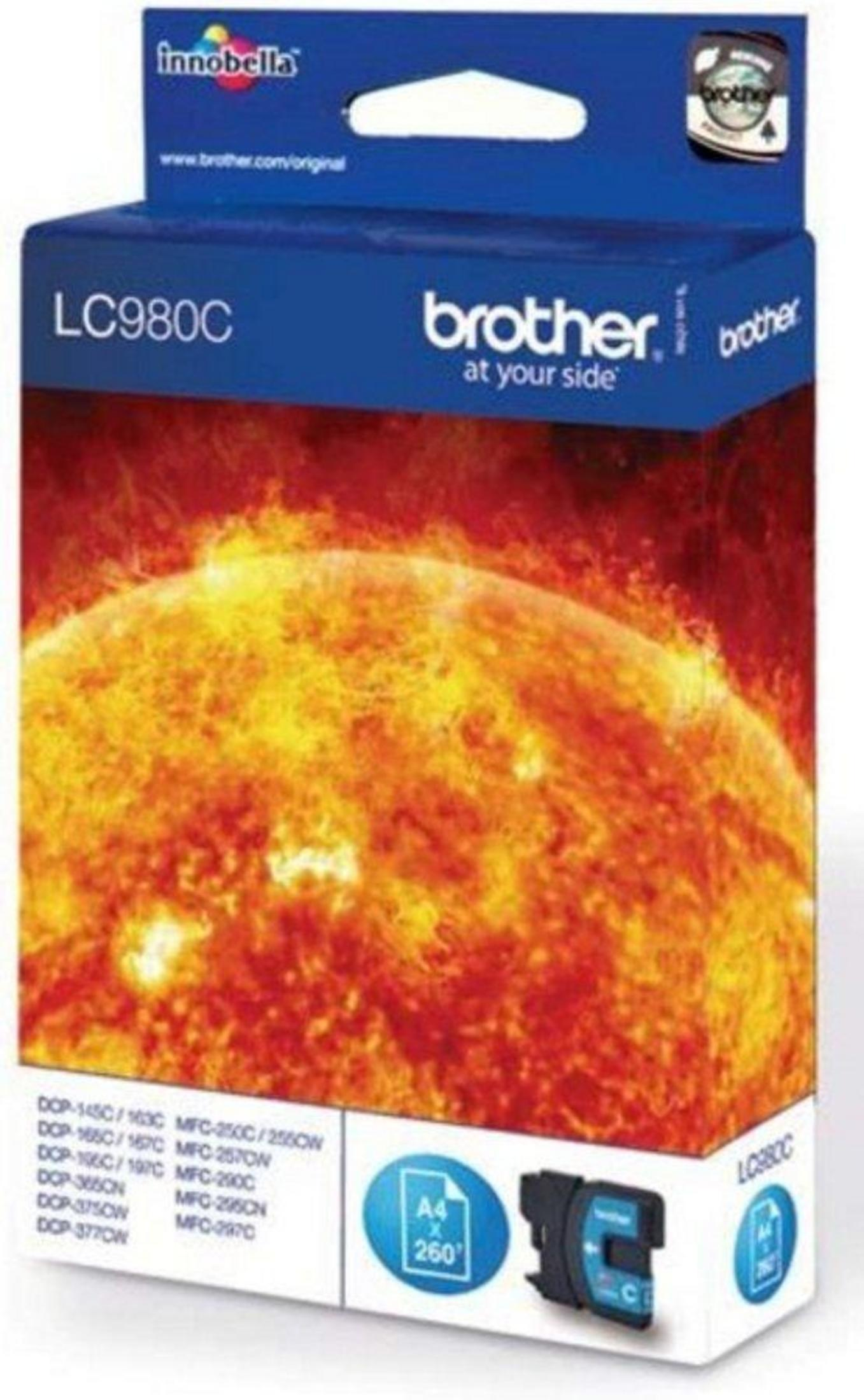 Pudełko tuszu Brother LC980C z obrazem słońca.