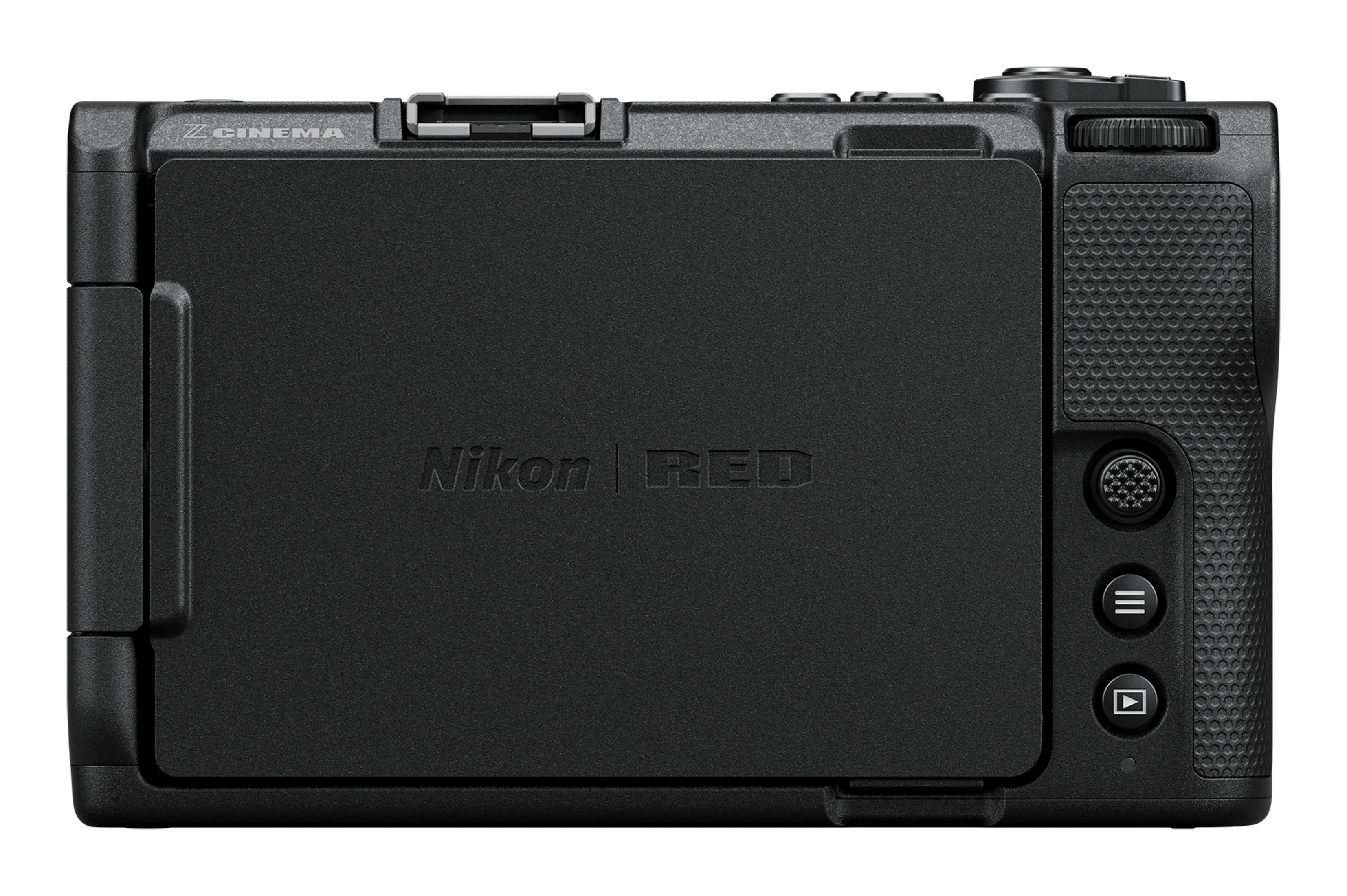Vista posteriore di una fotocamera Nikon Z Cinema nera con controlli.