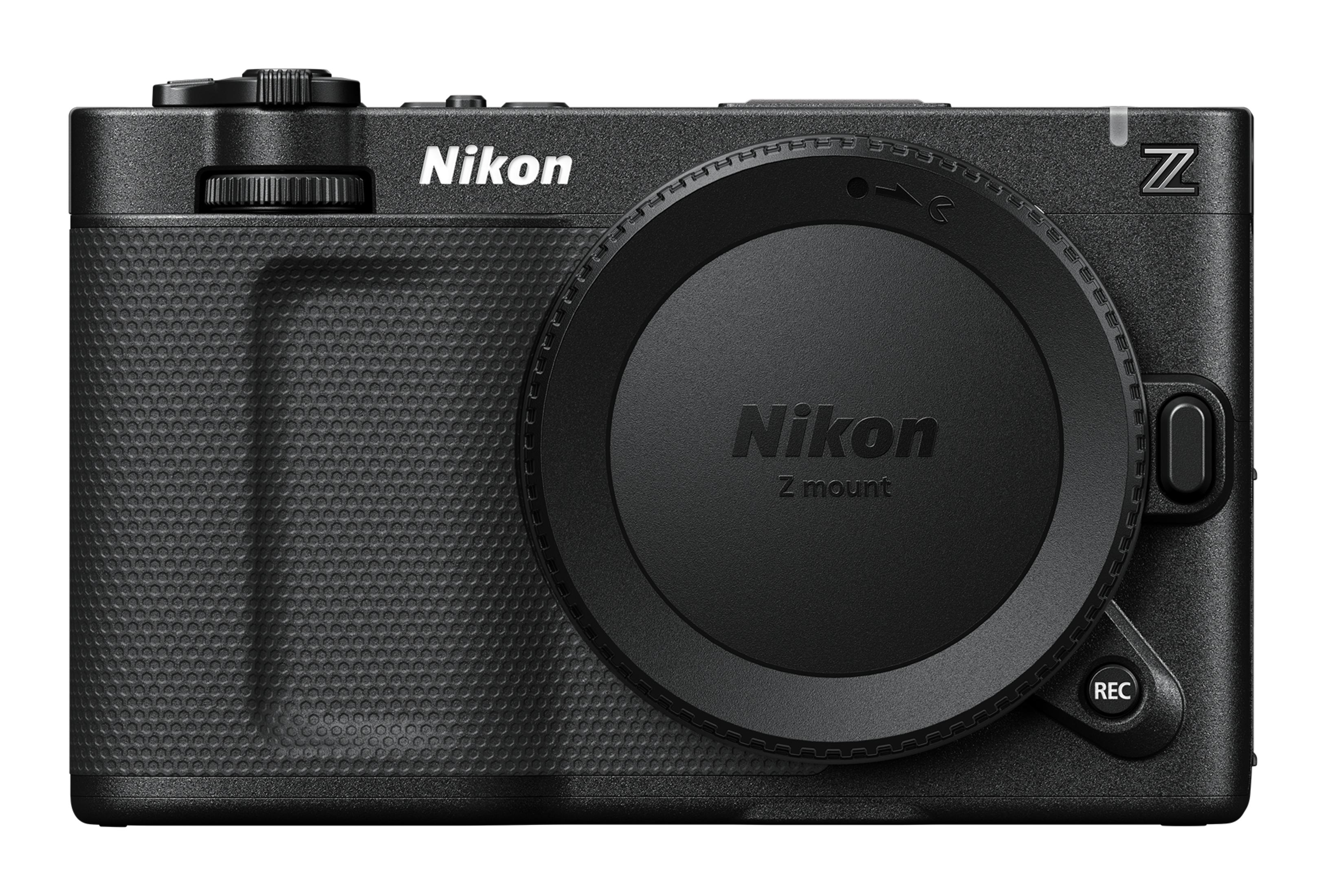 Fotocamera Nikon Z nera con tappo obiettivo e pulsante REC.