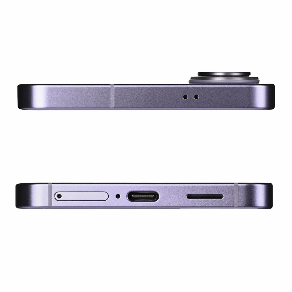 Vista lateral de smartphone morado con cámara y puerto USB-C.