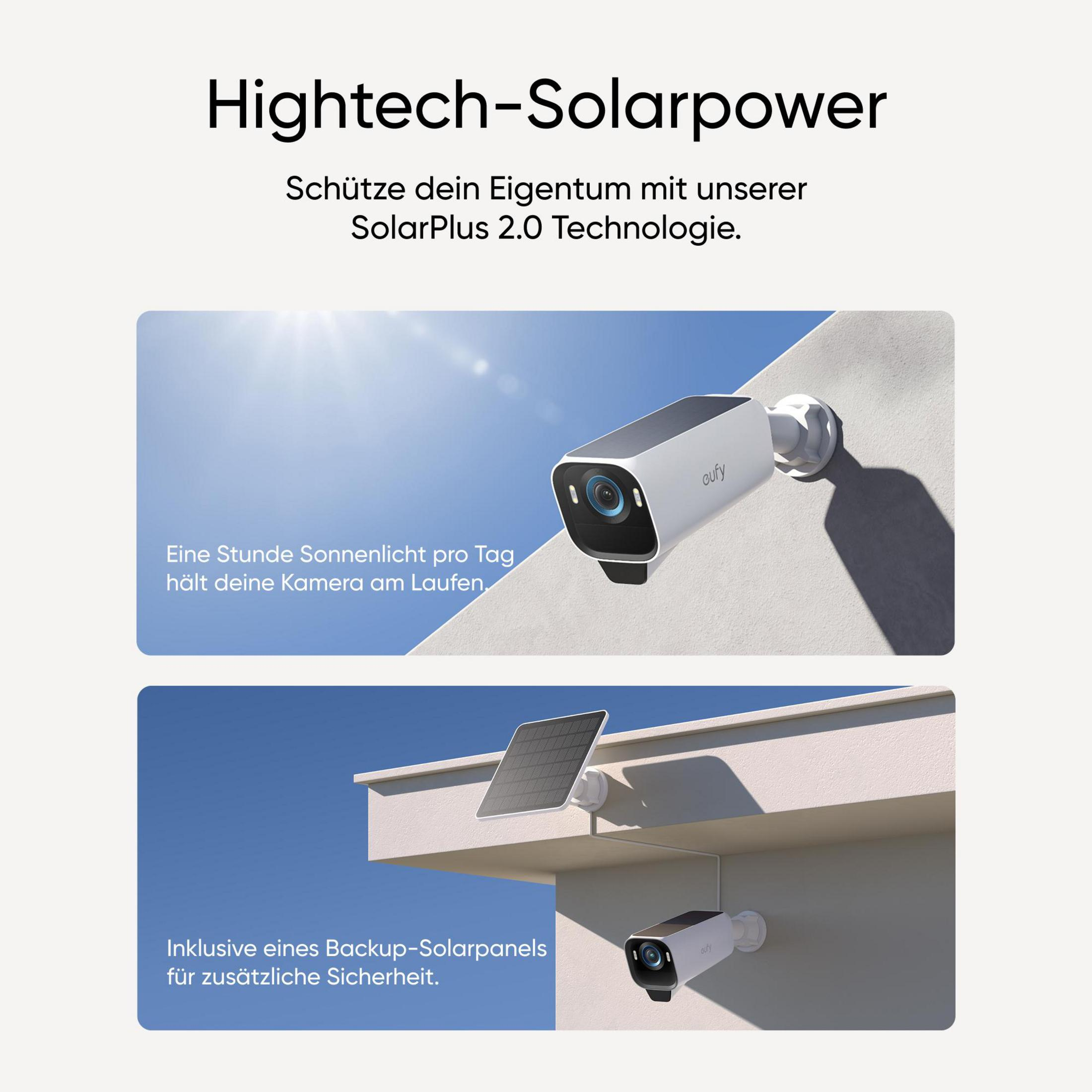 Eine Eufy-Kamera mit Solarpanel an einer Wand, blaue Himmel