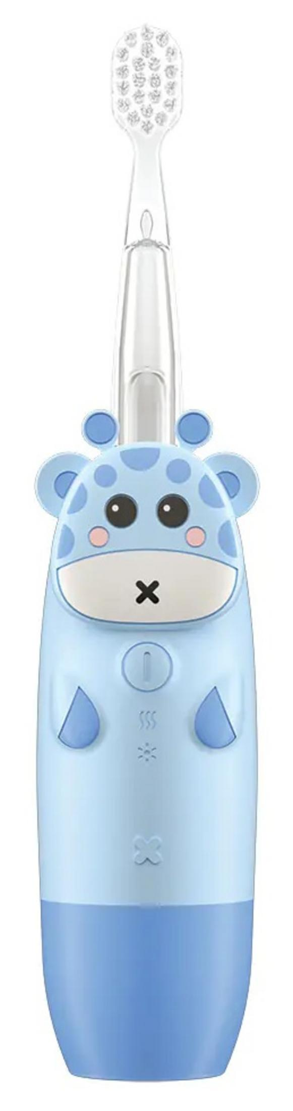 Uno spazzolino azzurro a tema giraffa con orecchie rotonde e pois.