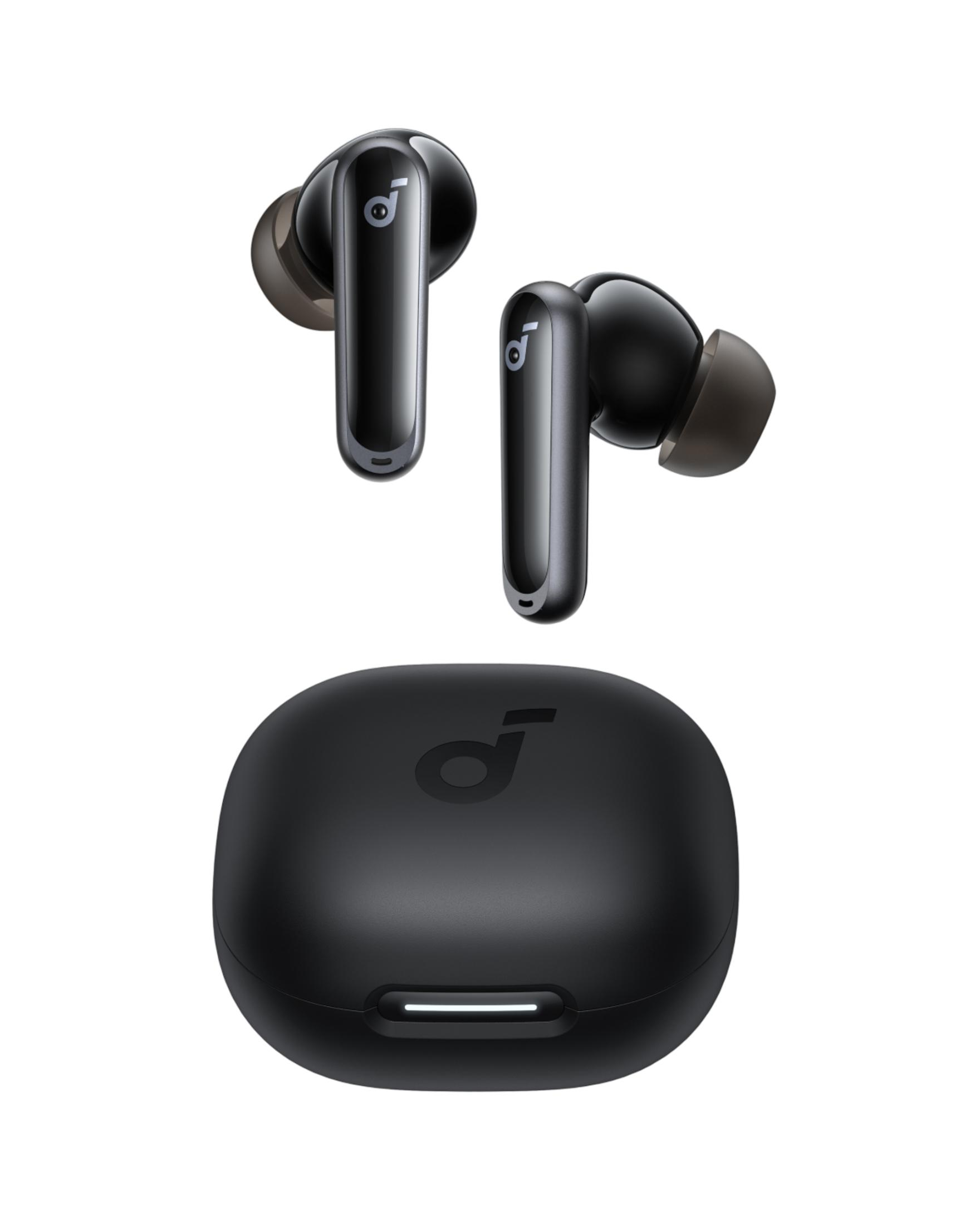 Auricolari wireless neri e custodia di ricarica con logo. Luce bianca sulla custodia.