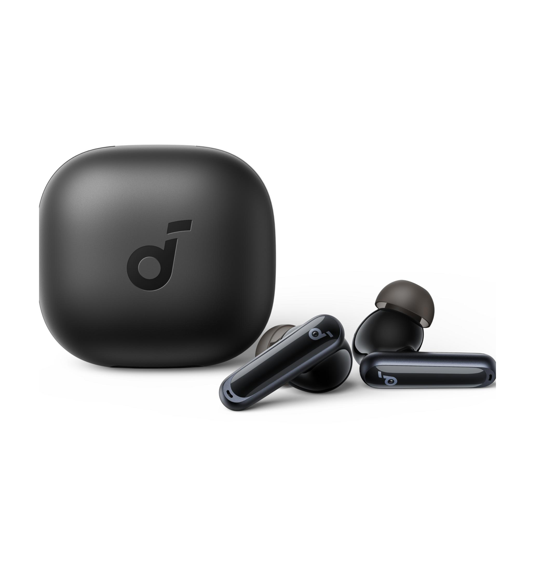 Custodia di ricarica nera con tre auricolari wireless e un logo.