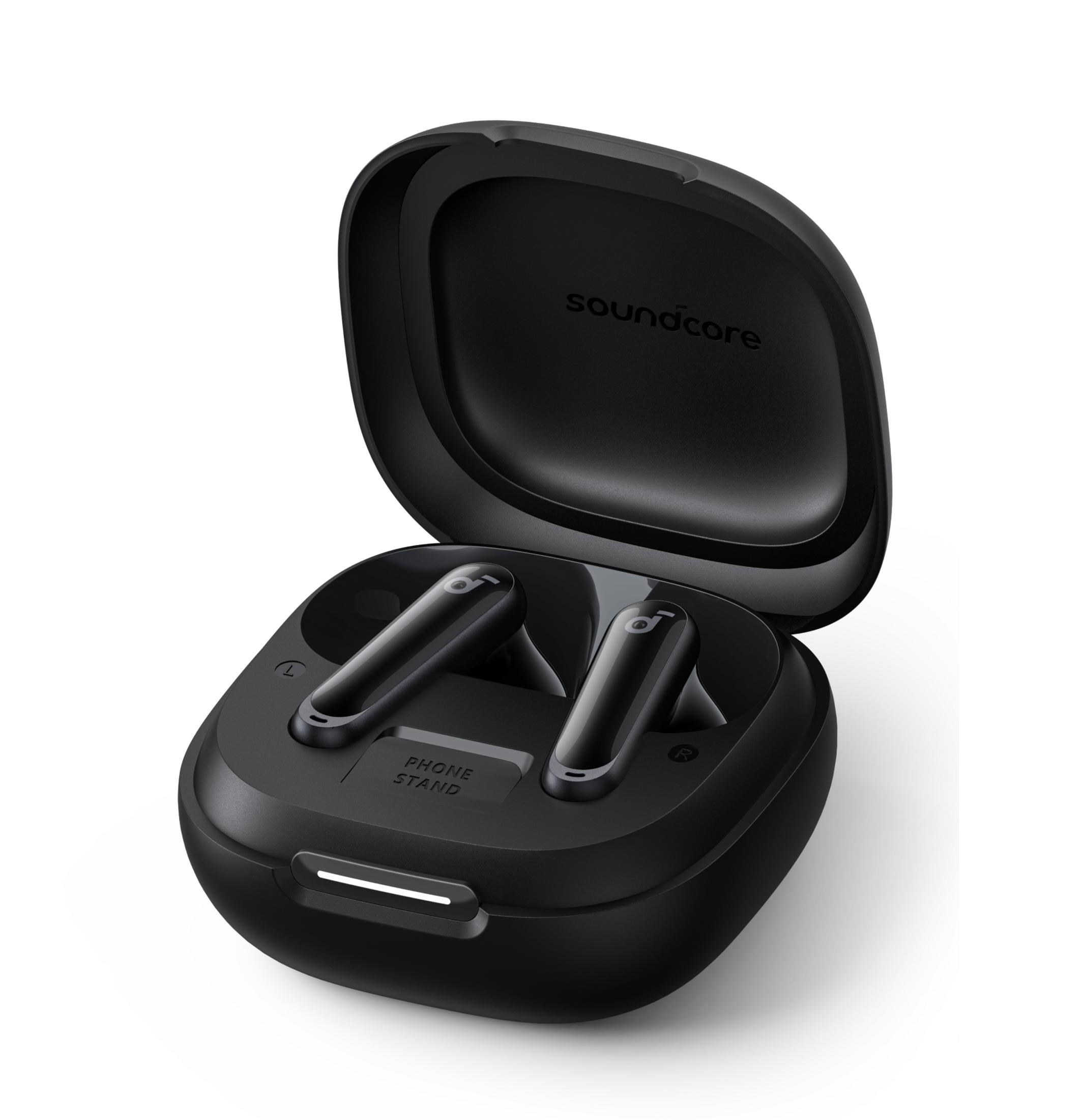 Auricolari wireless neri in una custodia di ricarica aperta con etichetta "PHONE STAND".