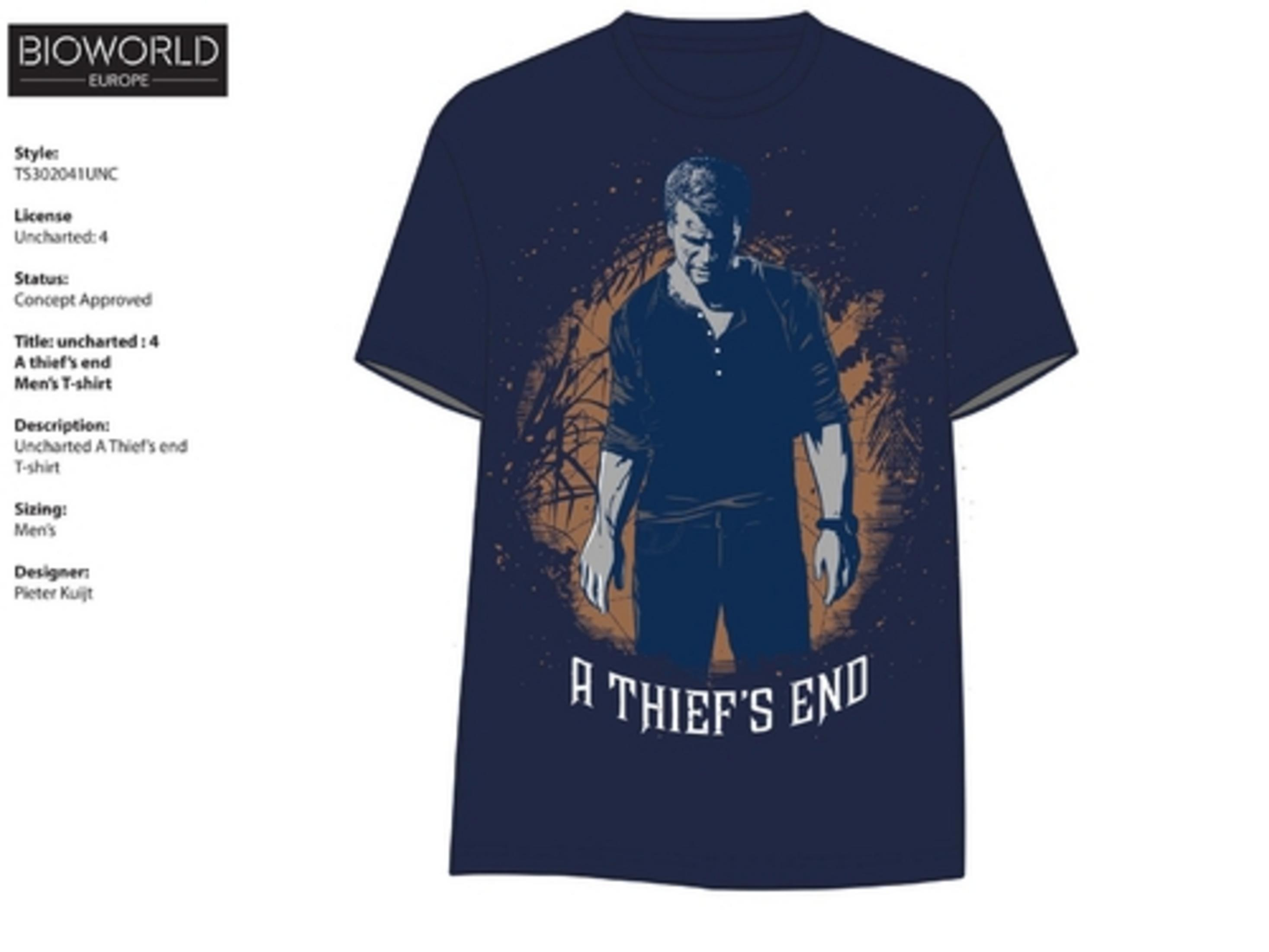 Dunkelblaues T-Shirt mit Nathan Drake und "A Thief's End"-Logo.