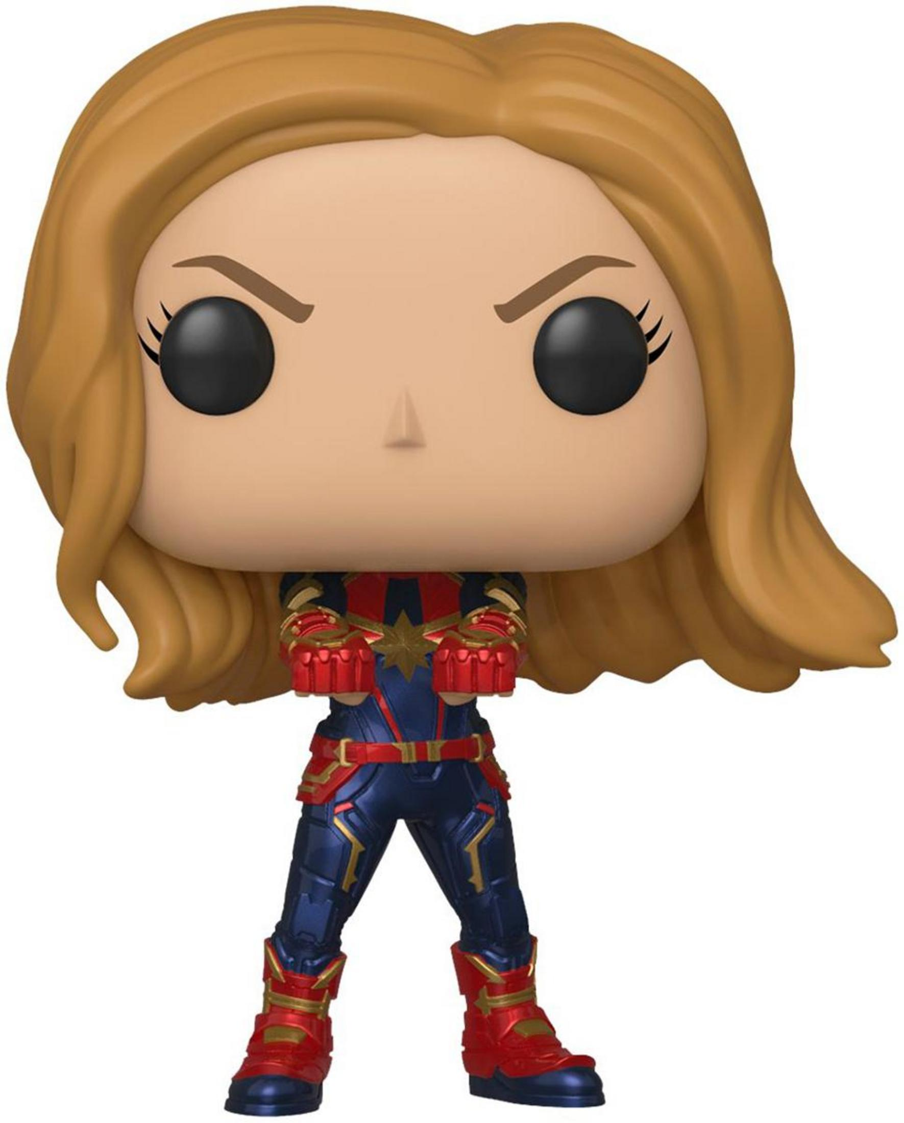 Action figure Funko Pop Captain Marvel, capelli biondi, tuta blu/rossa.