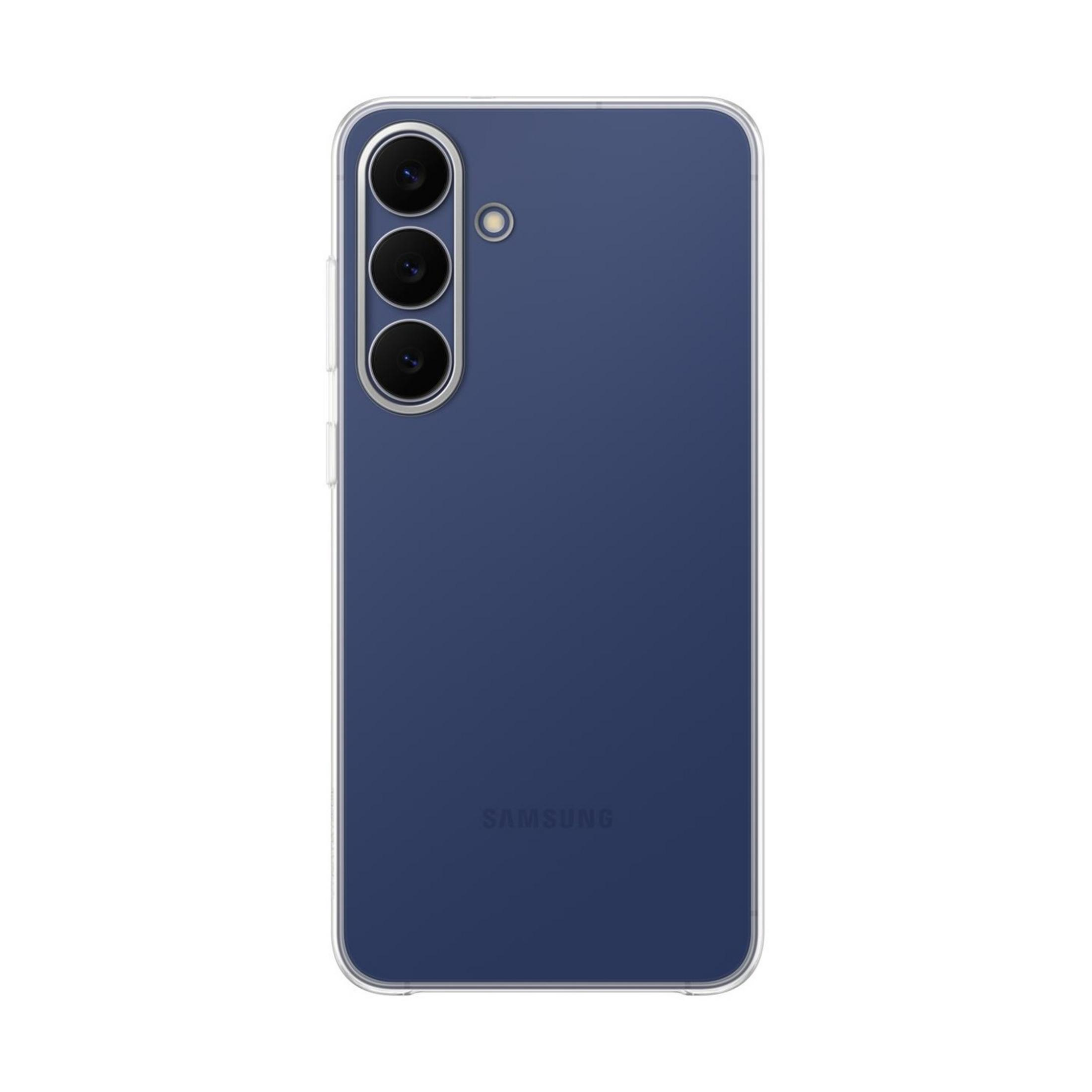 Telefono blu scuro con tre obiettivi e logo Samsung in custodia trasparente.