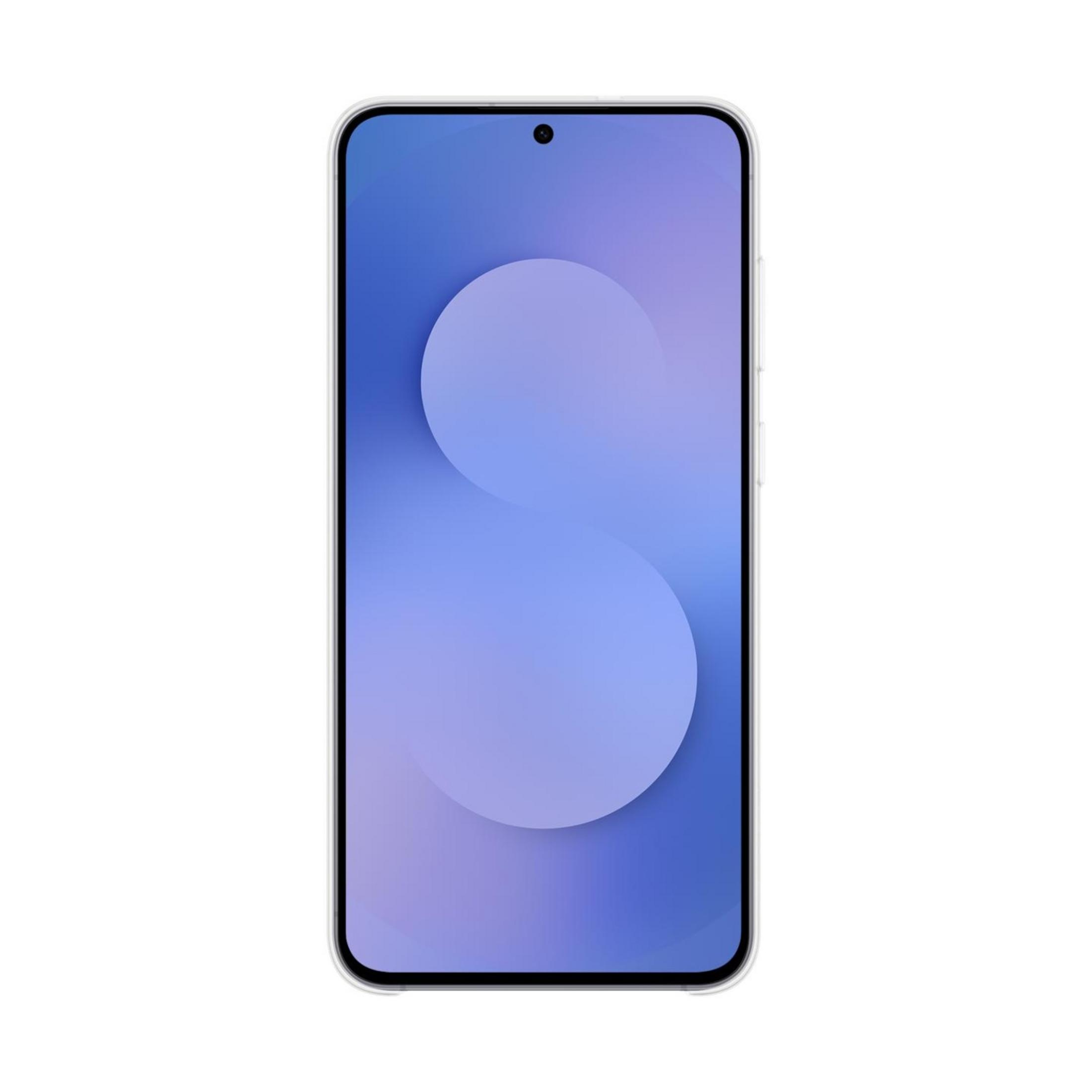 Uno smartphone con sfondo blu e un cerchio a forma di S.