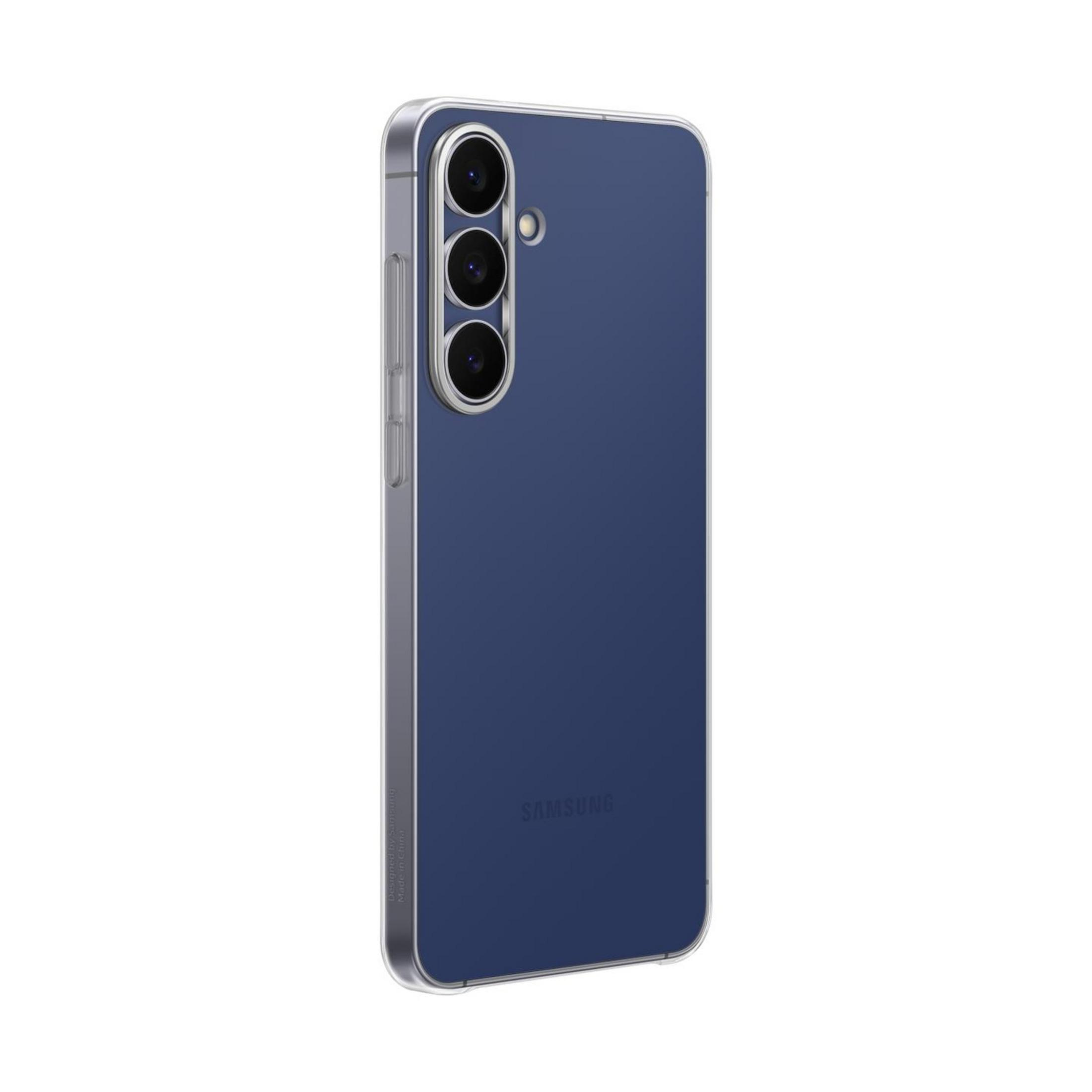 Custodia per telefono blu scuro con tre fotocamere e finiture argentate.