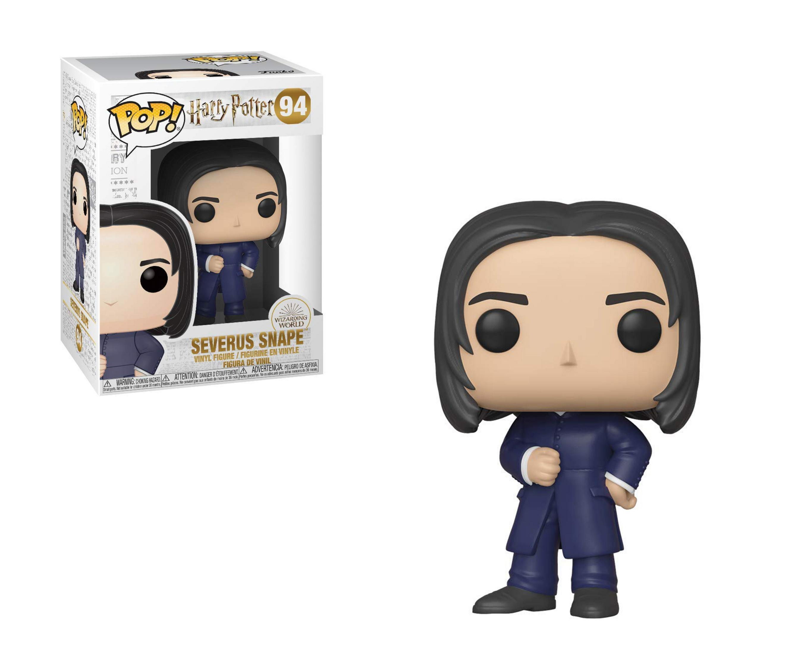 Funko Pop! Severus Snape Figur in dunkelblauem Anzug, auf weißem Hintergrund.