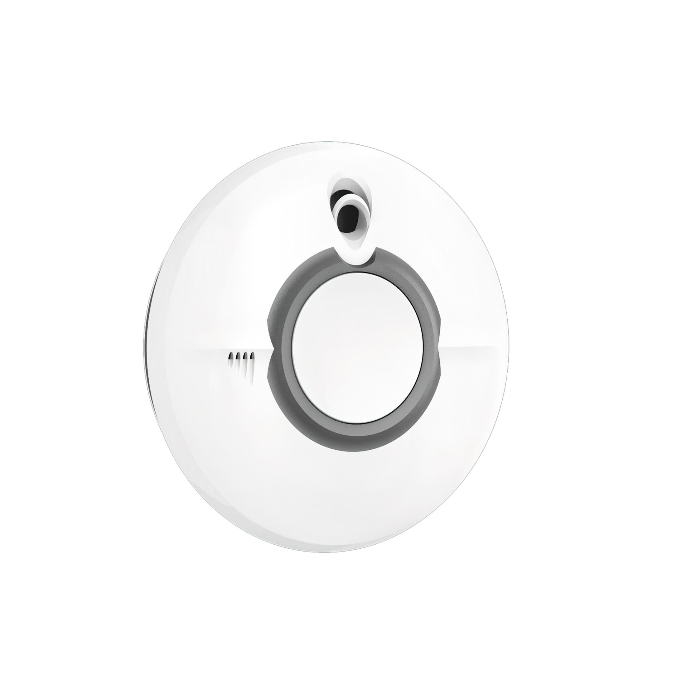 Un detector de humo blanco con un anillo gris y un sensor negro.